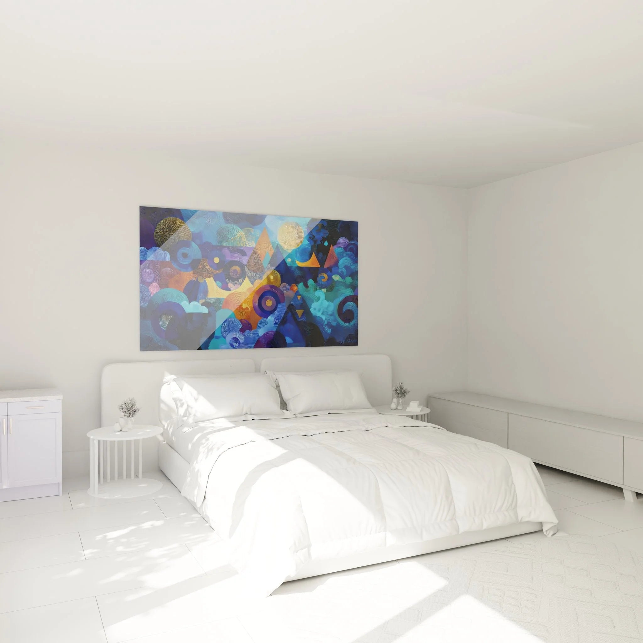 Futuristisches Wandbild XXL mit geometrischen Mustern als Schlafzimmer Dekoration