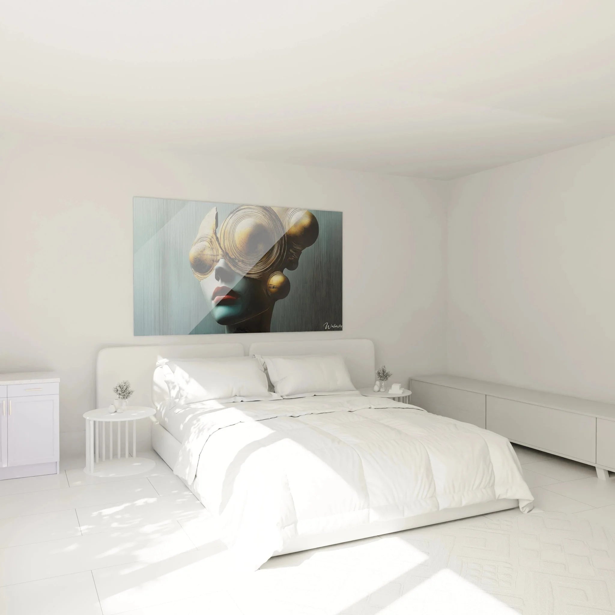 Futuristisches Wandbild XXL im Schlafzimmer - Digitale Frau mit metallischen Haarelementen