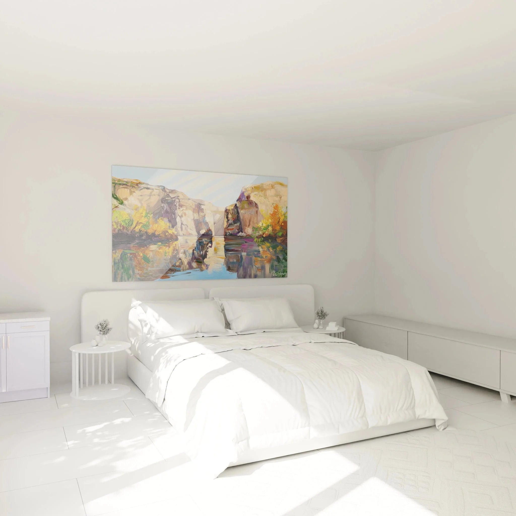 Gebirgssee Wandbild im Schlafzimmer - Canyon Herbstlandschaft als moderne Wanddekoration