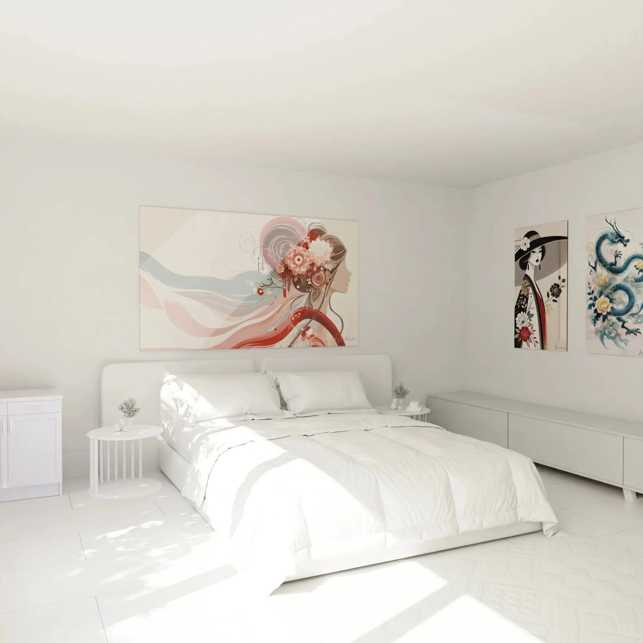 Geisha Wandbild mit Blüten im Schlafzimmer - Japanisch inspirierte Wanddekoration in warmen Farbtönen