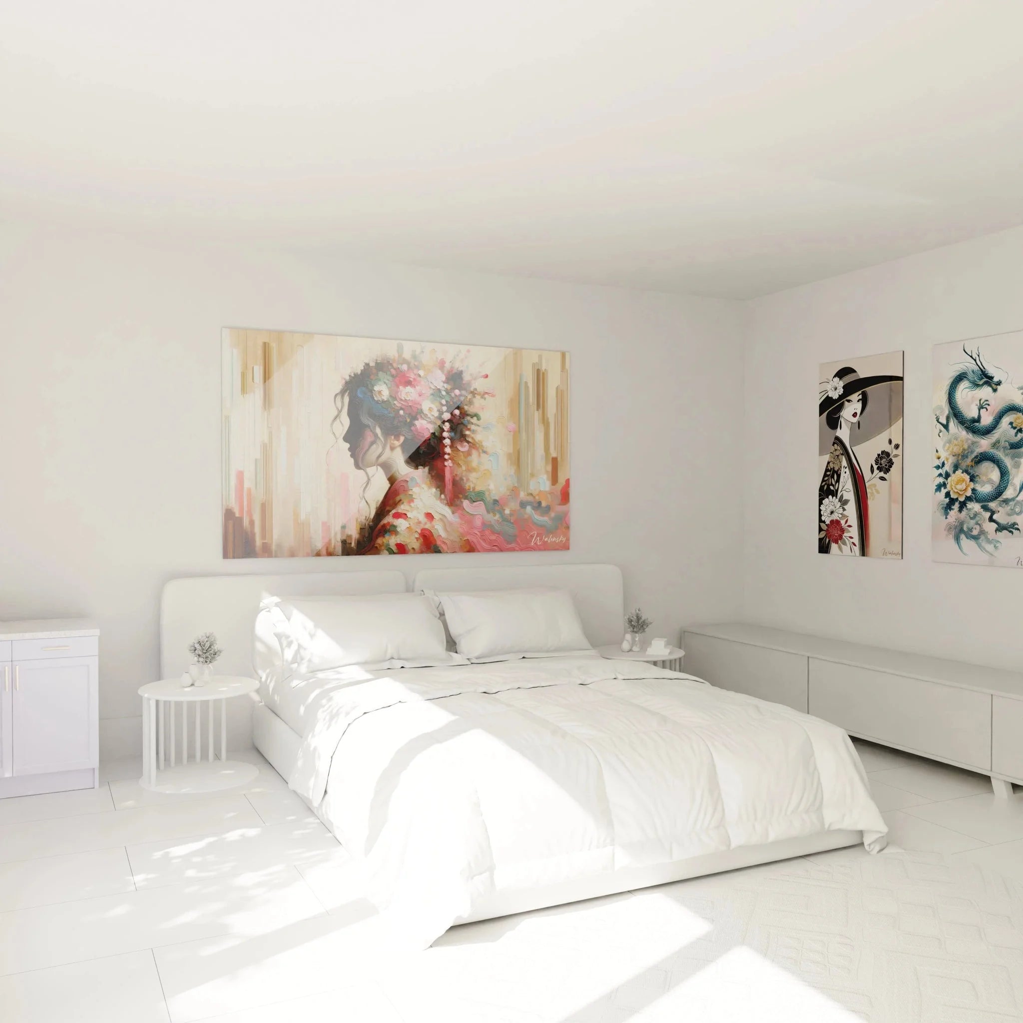 Geisha Wandbild mit Blütenkrone in elegantem Schlafzimmer, japanische Wanddekoration