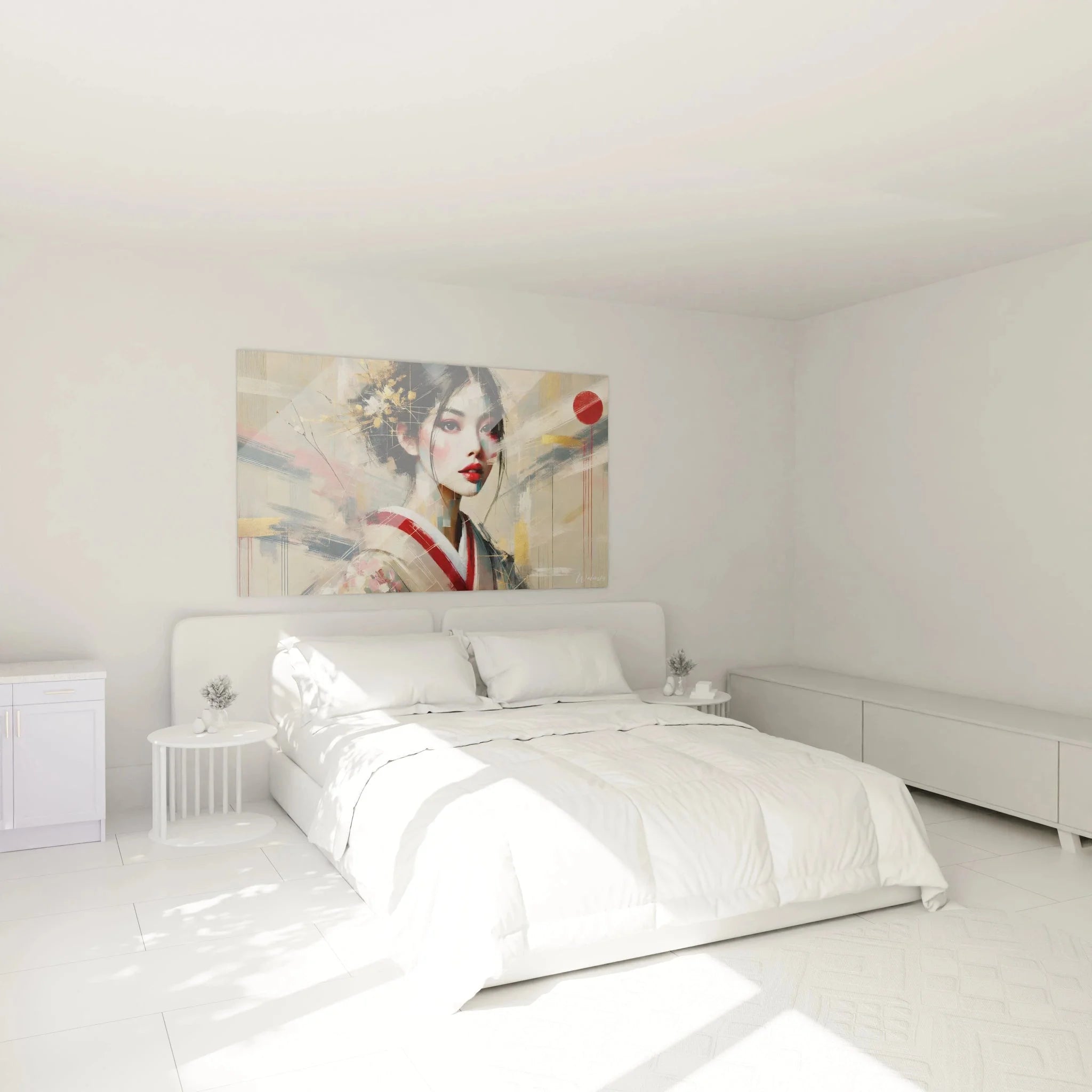 Geisha Wandbild XXL in elegantem Schlafzimmer als stilvolle japanische Wanddekoration