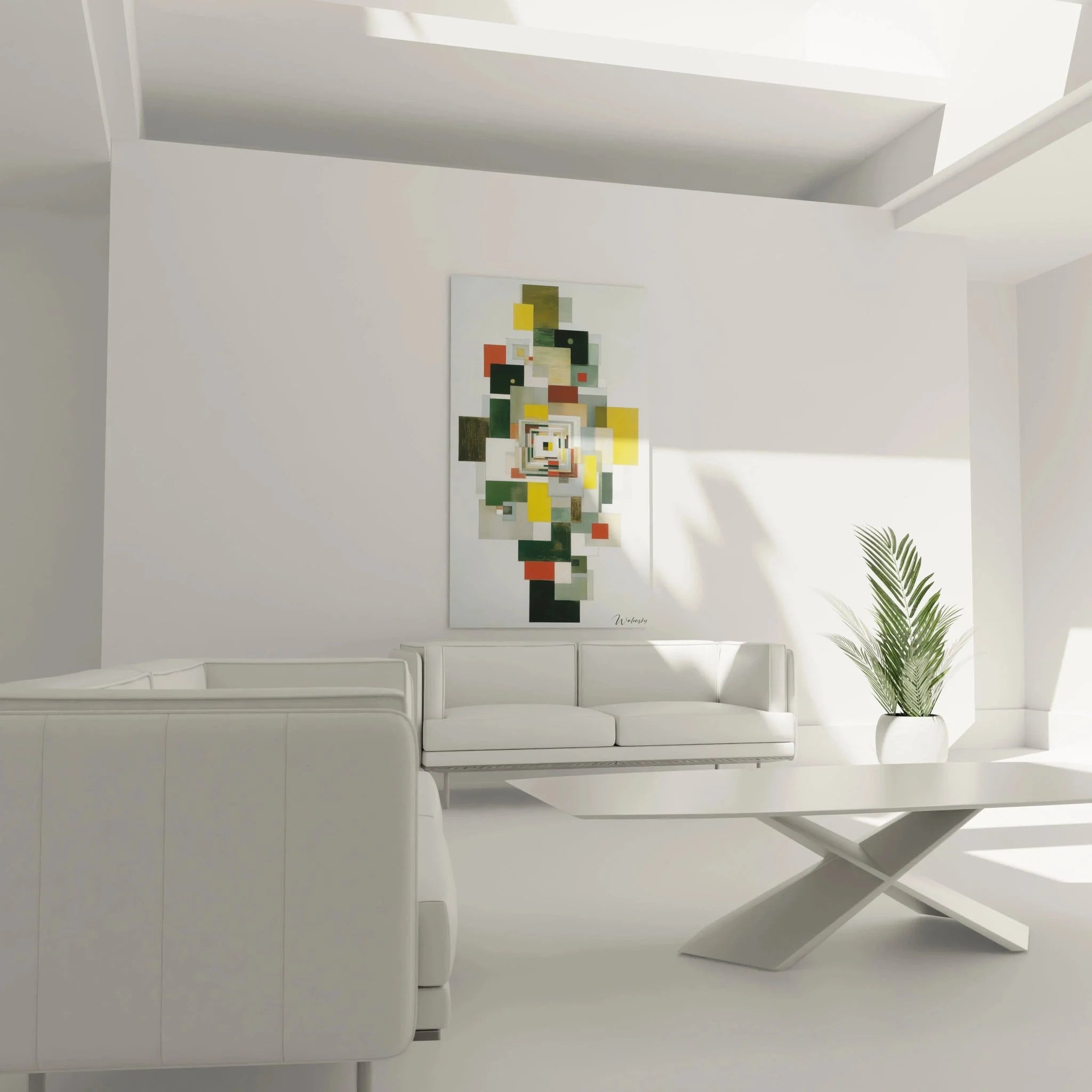 Detailansicht konstruktivistische Wandkunst mit geometrischen Formen und Farbverläufen