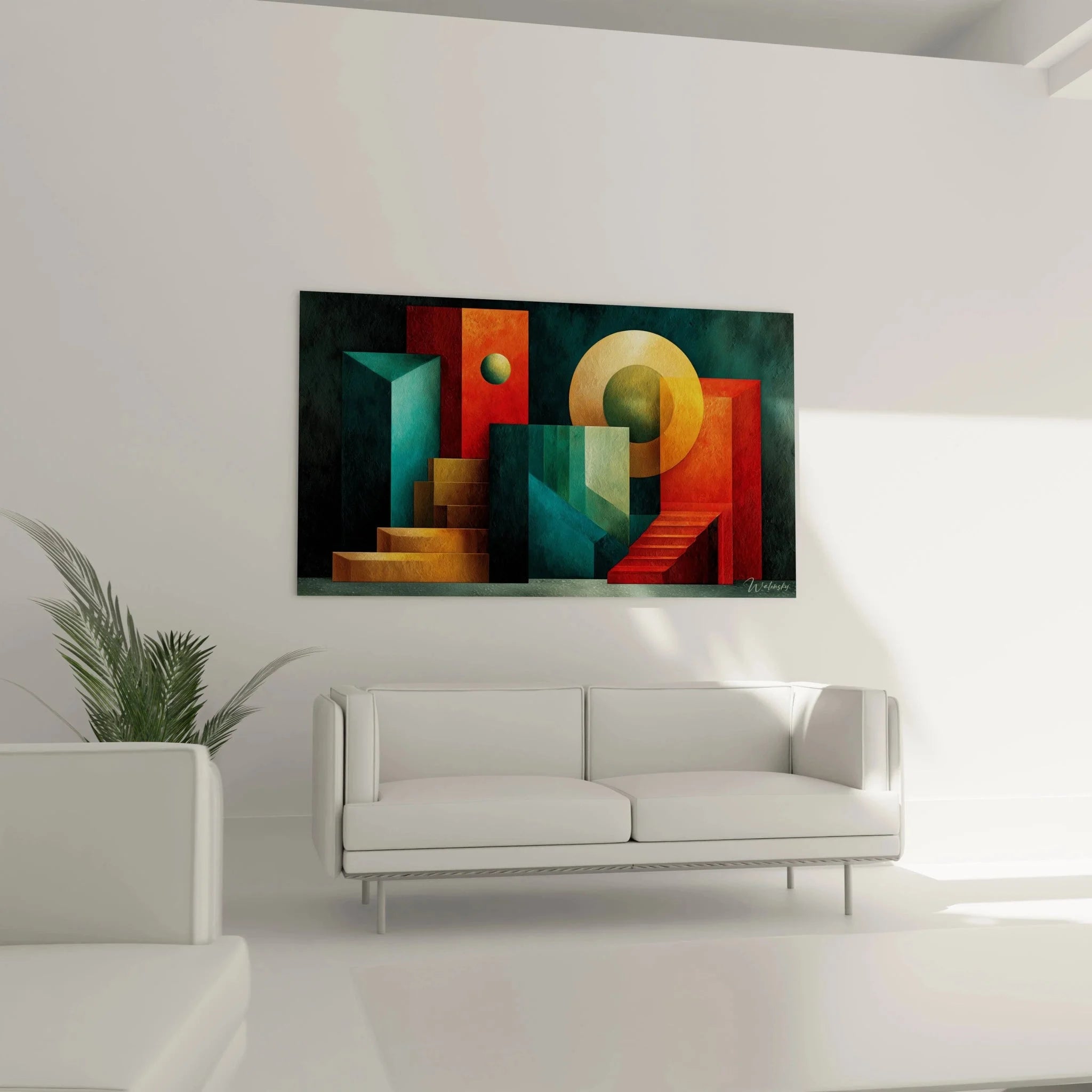 Detailansicht geometrische Bauhaus Wandkunst mit dreidimensionalen abstrakten Elementen