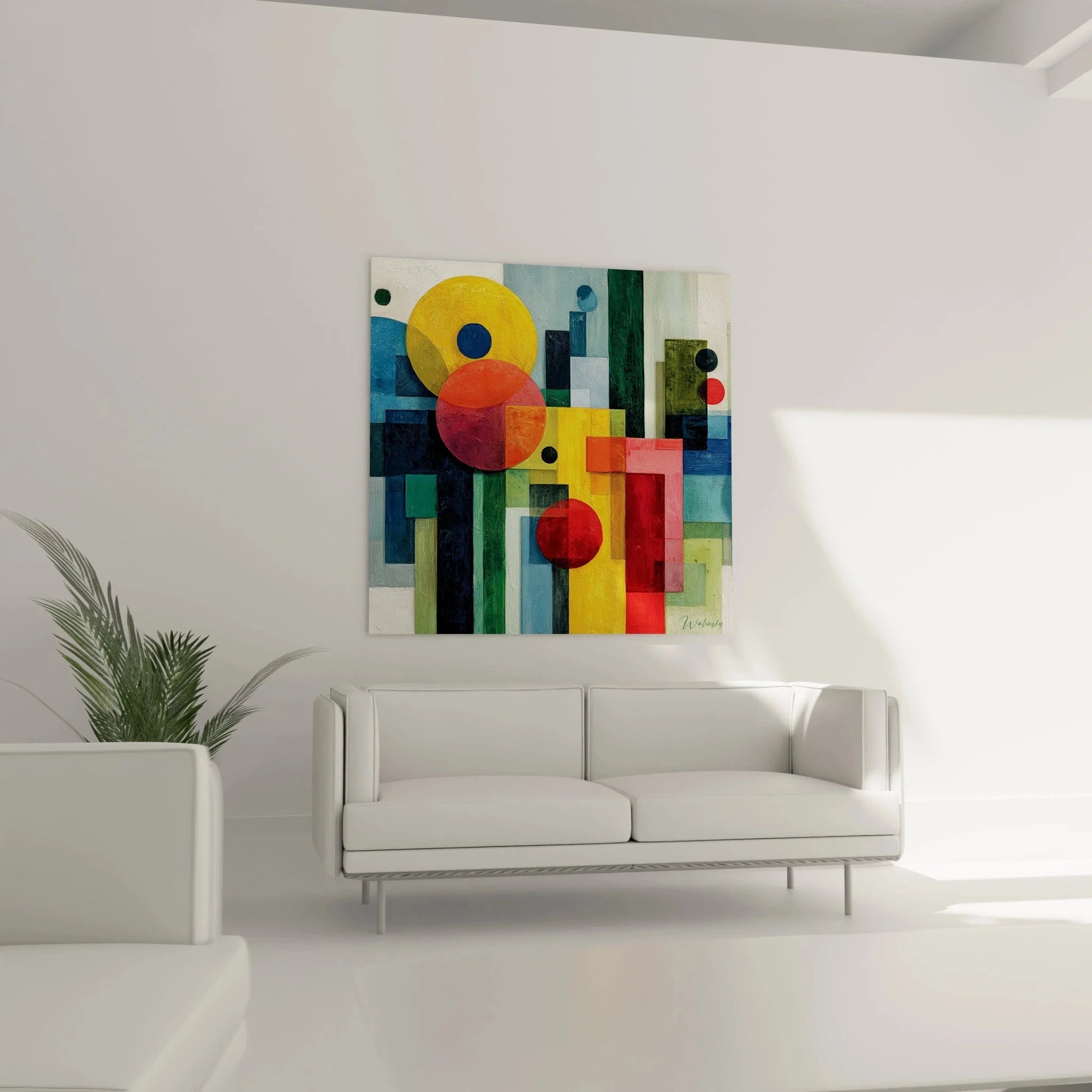 Detailansicht abstrakte geometrische Formen Wandkunst mit gelben und roten Kreisen