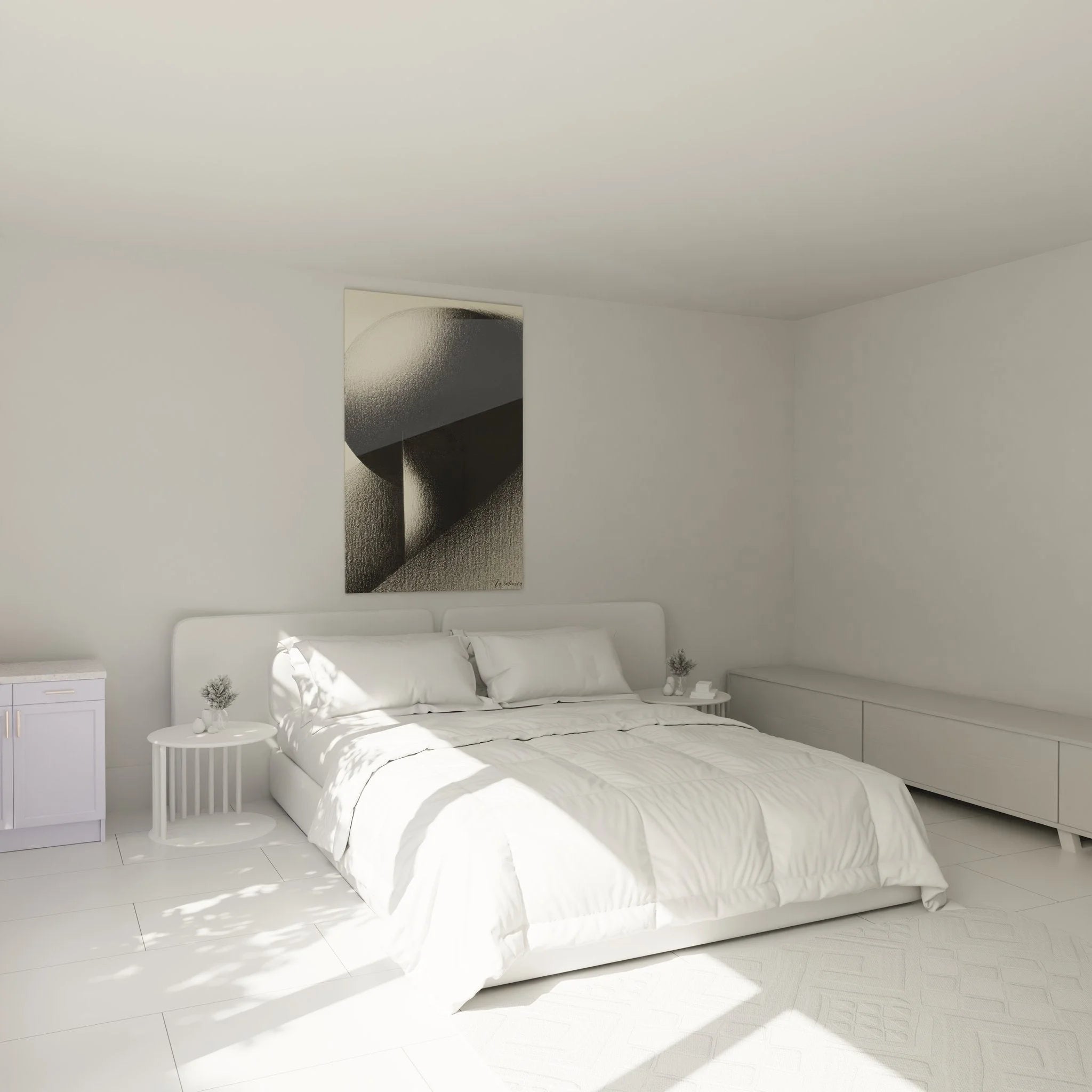 Geometrische Kugel Wandbild im Schlafzimmer Ambiente, abstrakte Textur Kunst als stilvolle Wanddeko