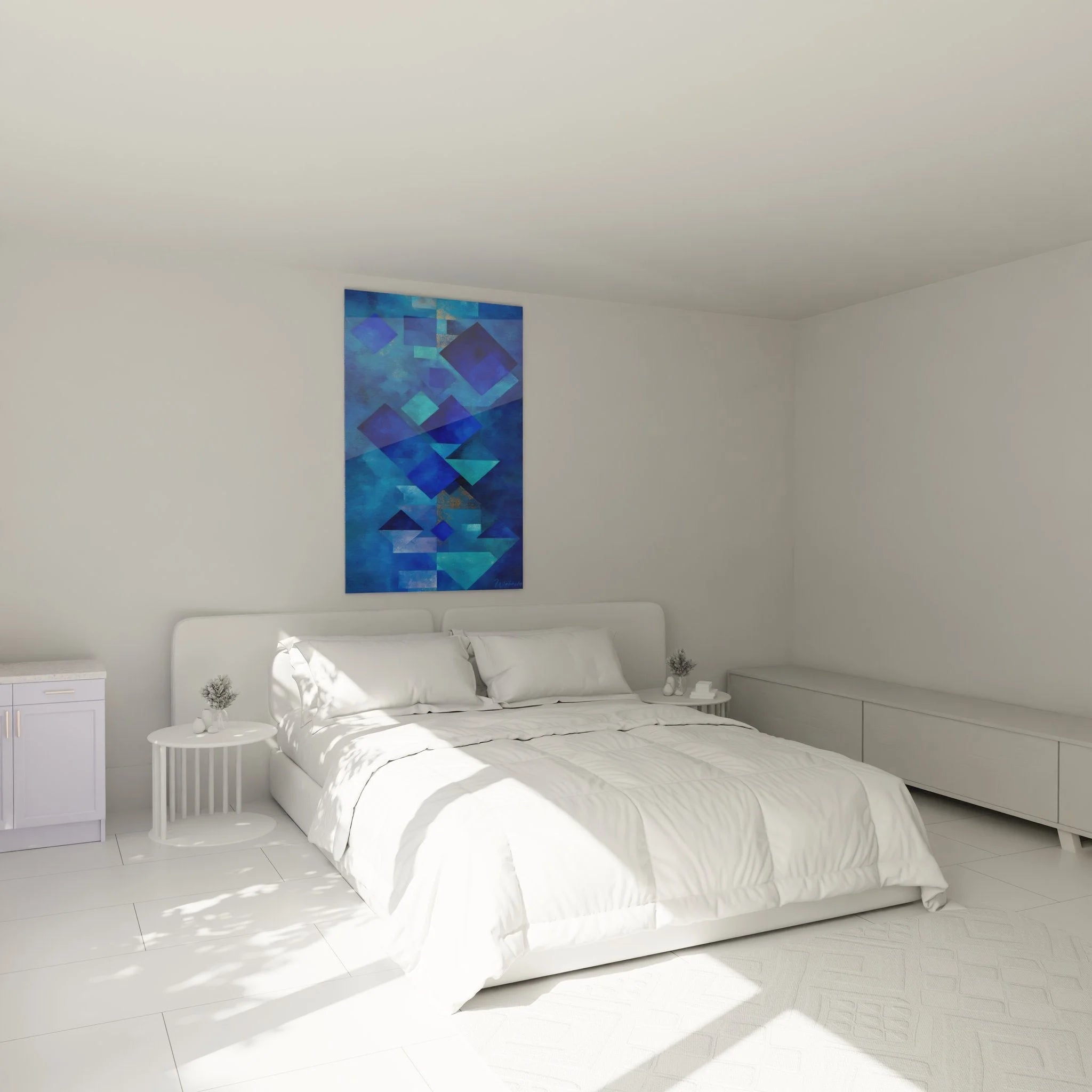 Modernes Wandbild abstrakte Geometrie in Schlafzimmer Ambiente geometrische Wandkunst Blautöne Einrichtung