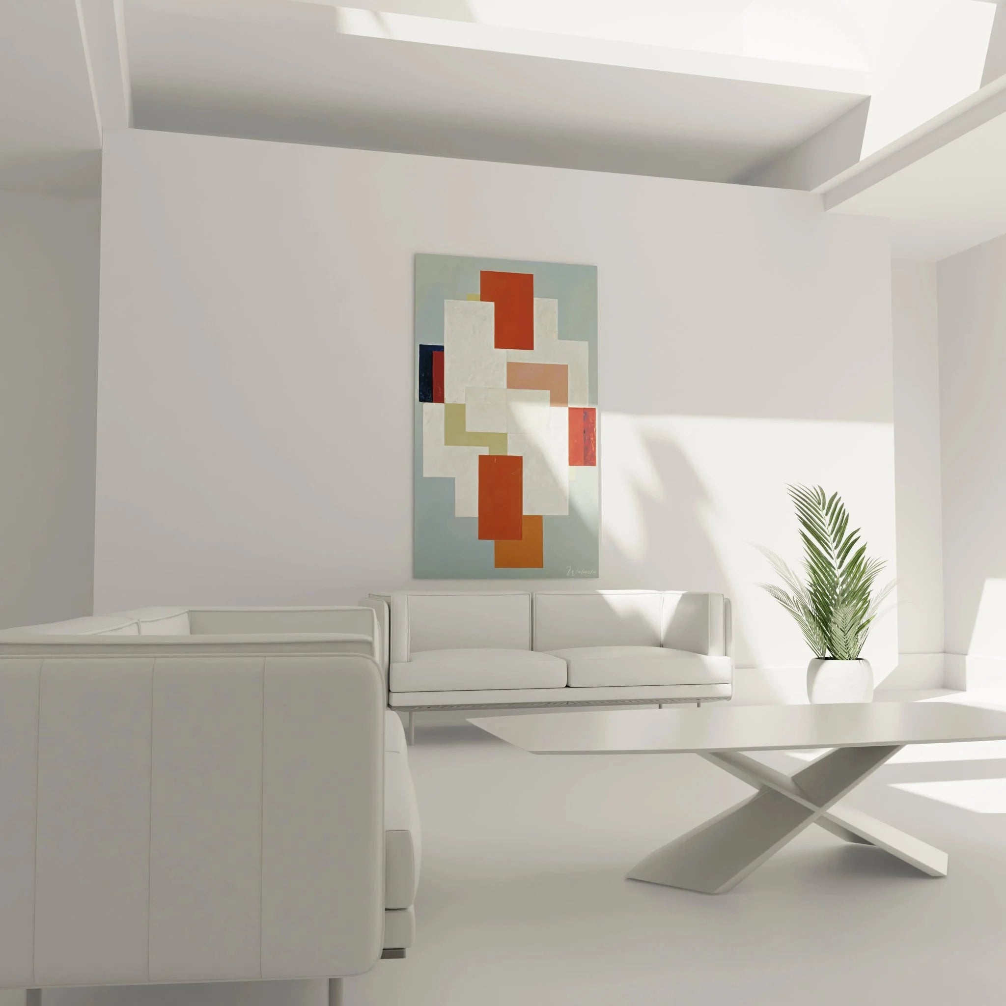 Detailansicht geometrische Wandkunst mit abstrakten Formen im konstruktivistischen Stil