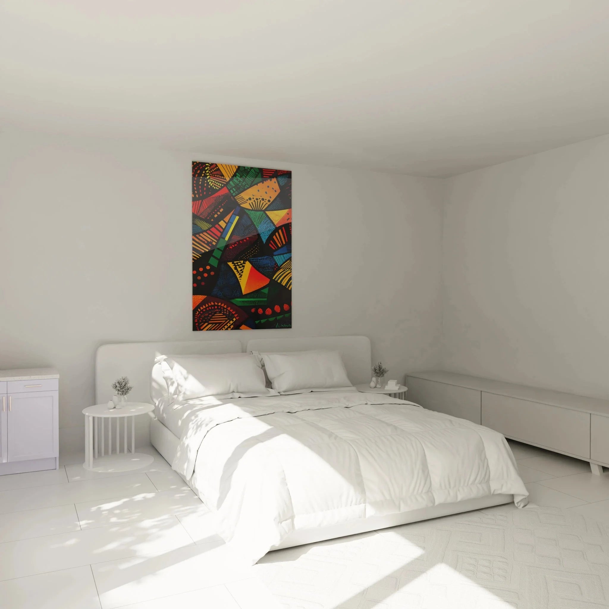 Geometrisches Afrika Wandbild in Schlafzimmer-Ambiente - moderne Wanddekoration