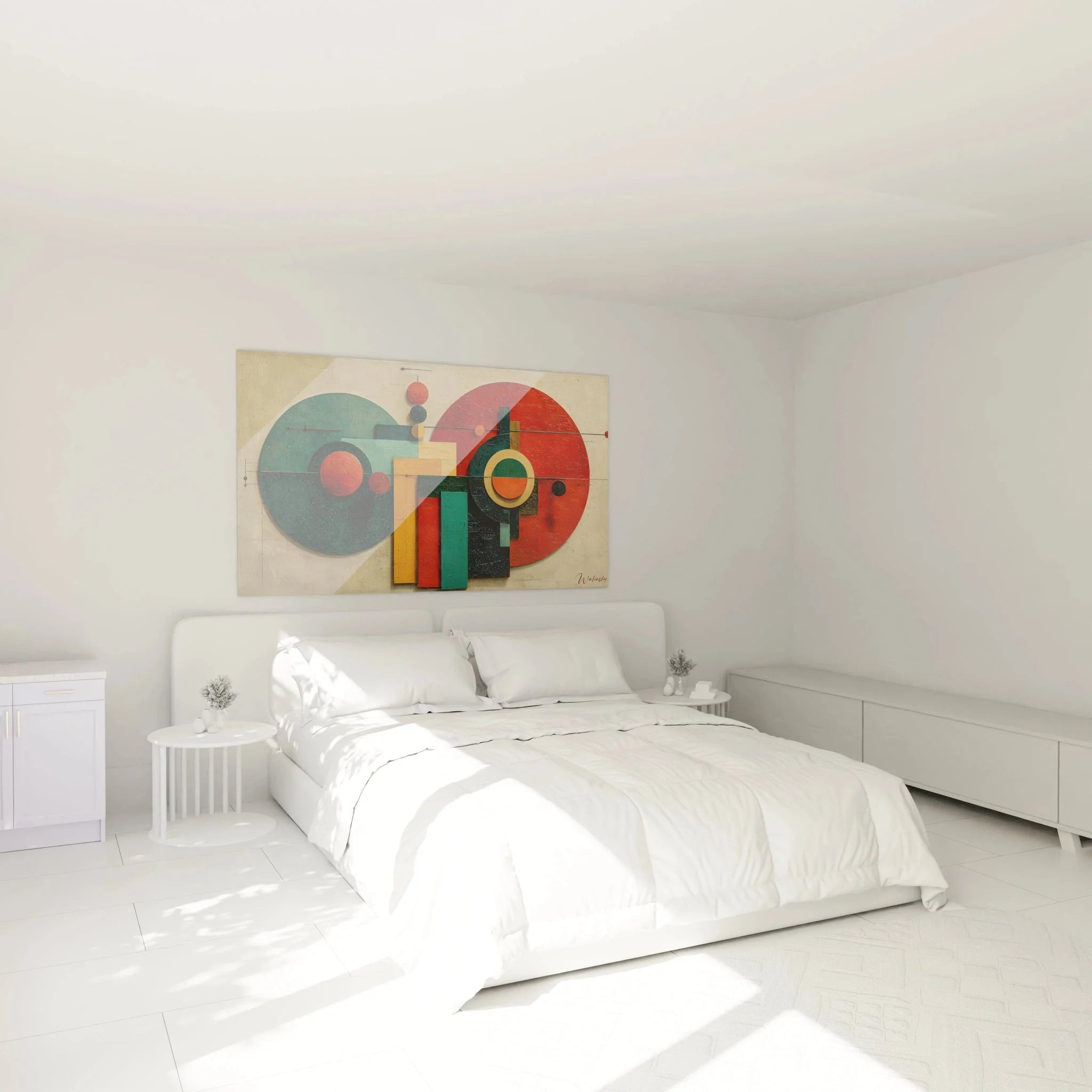 Geometrisches Bauhaus Wandbild in modernem Schlafzimmer als stilvolle Wanddekoration