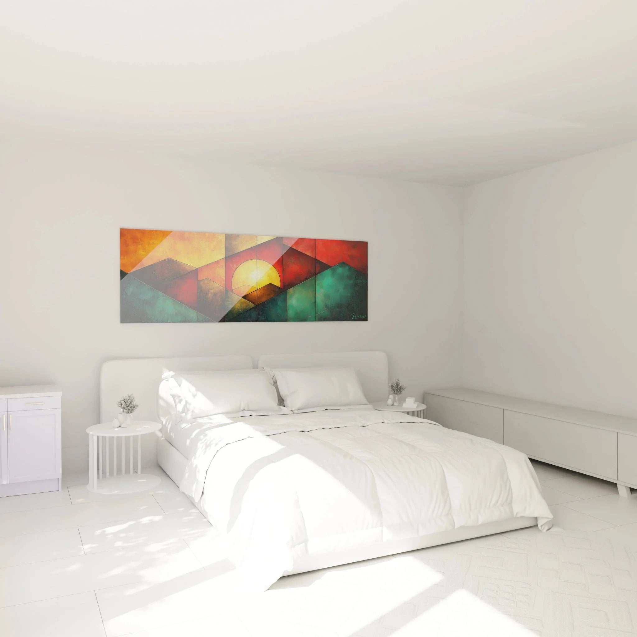 Wandbild geometrische Berge im Schlafzimmer als moderne Wanddekoration mit Sonnenuntergang Motiv