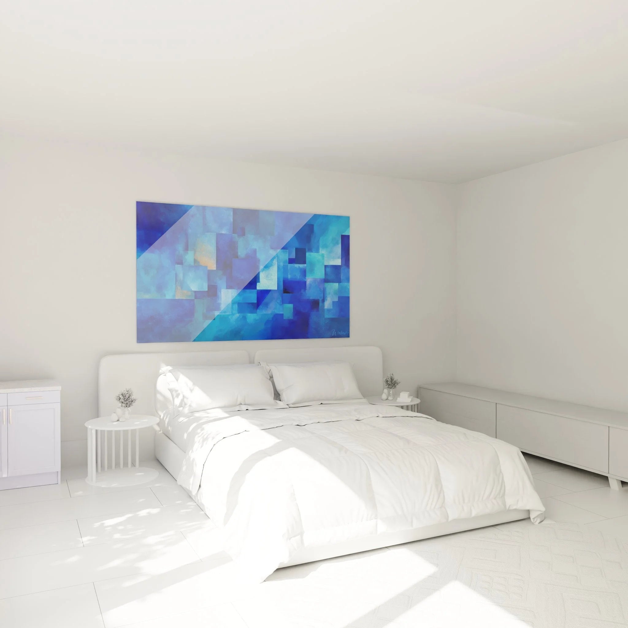 Geometrisches Wandbild in Blautönen als moderne Schlafzimmer Dekoration über dem Bett