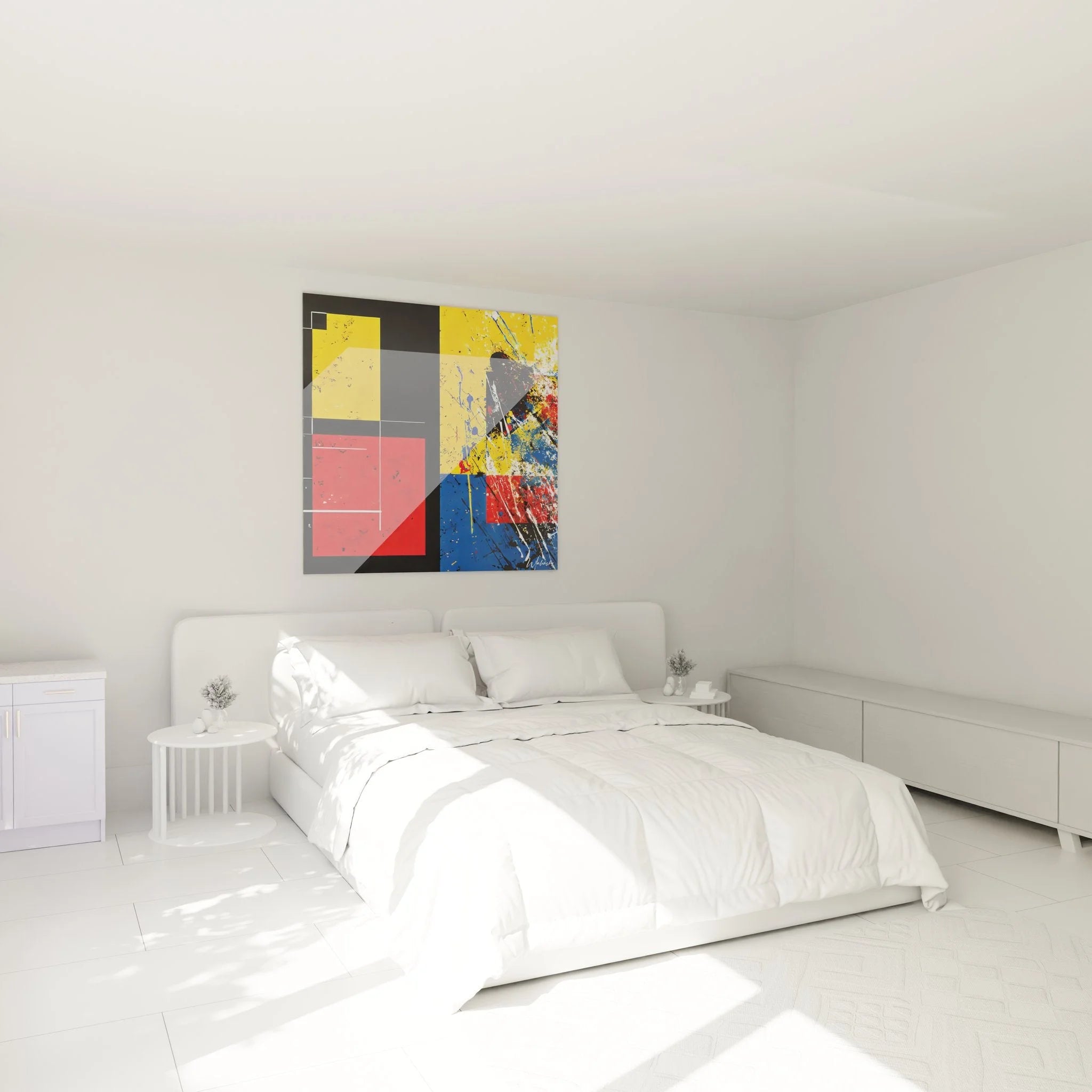 Geometrisches Wandbild abstrakt im Schlafzimmer mit moderner Mondrian-Action-Painting-Komposition