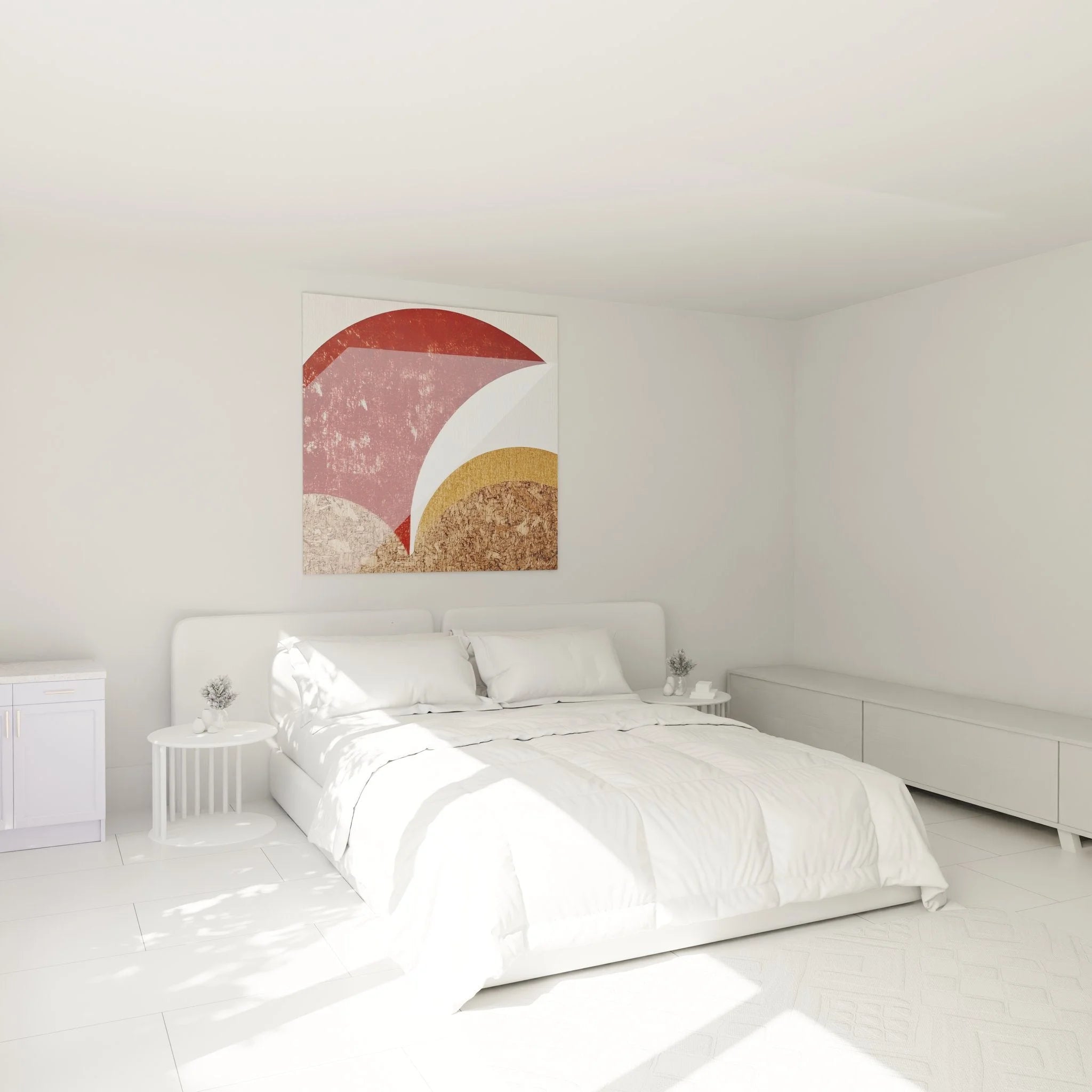 Geometrisches Wandbild in Schlafzimmer Ambiente mit warmen Rottönen und minimalistischem Design