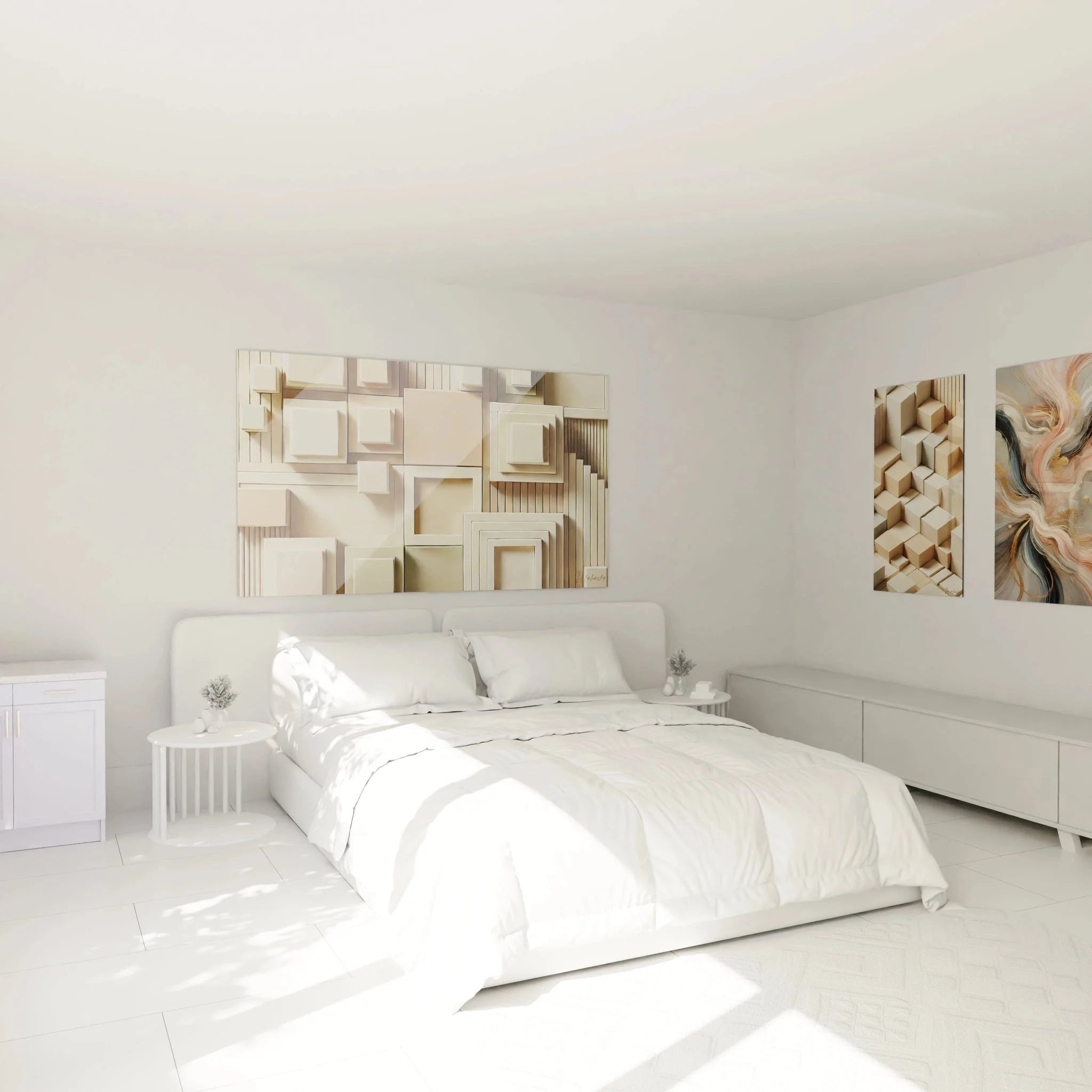 Geometrisches 3D Relief Wandbild in Beigetönen als stilvolle Schlafzimmer Wanddekoration