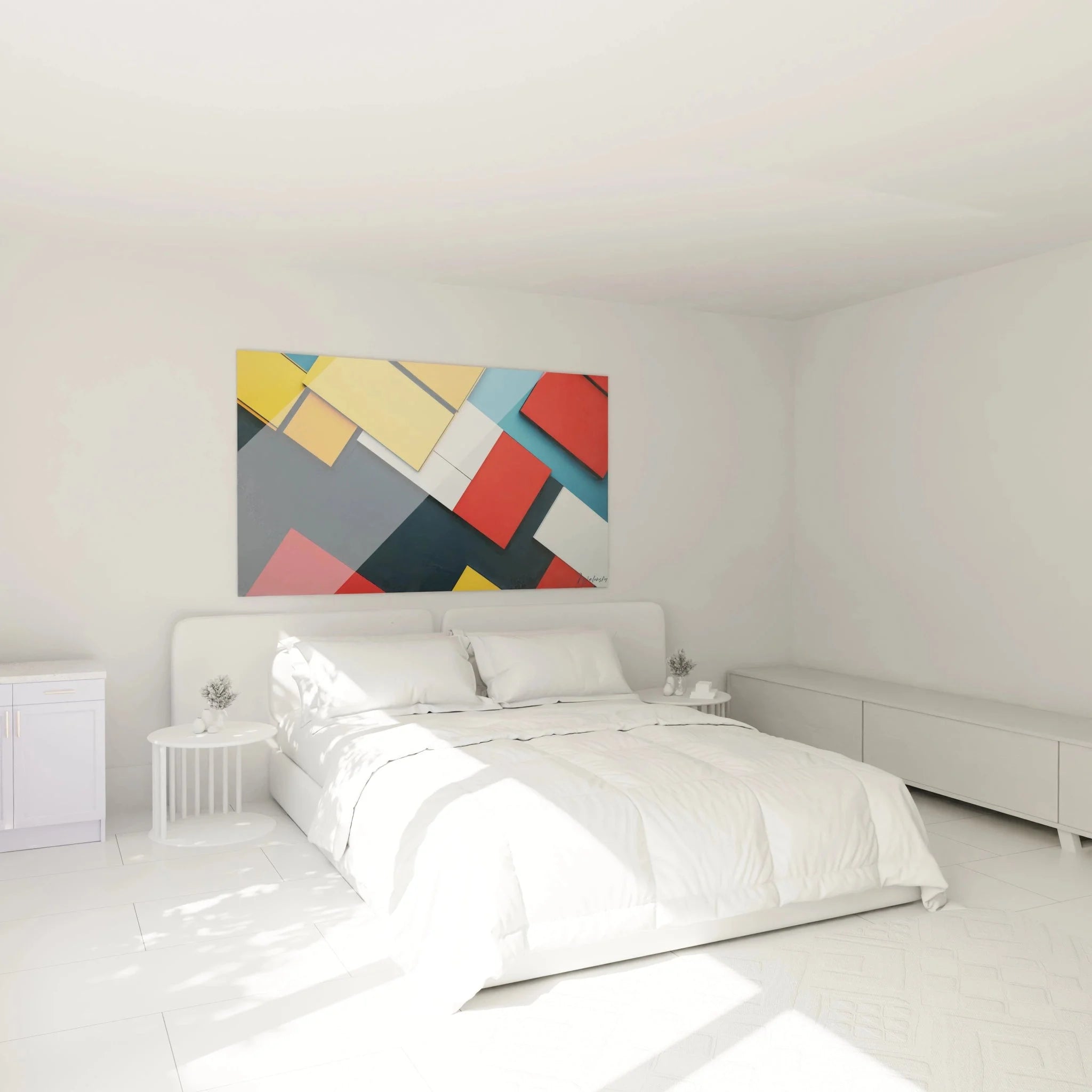 Geometrisches Wandbild im Schlafzimmer - moderne abstrakte Kunst in Primärfarben als Wanddekoration