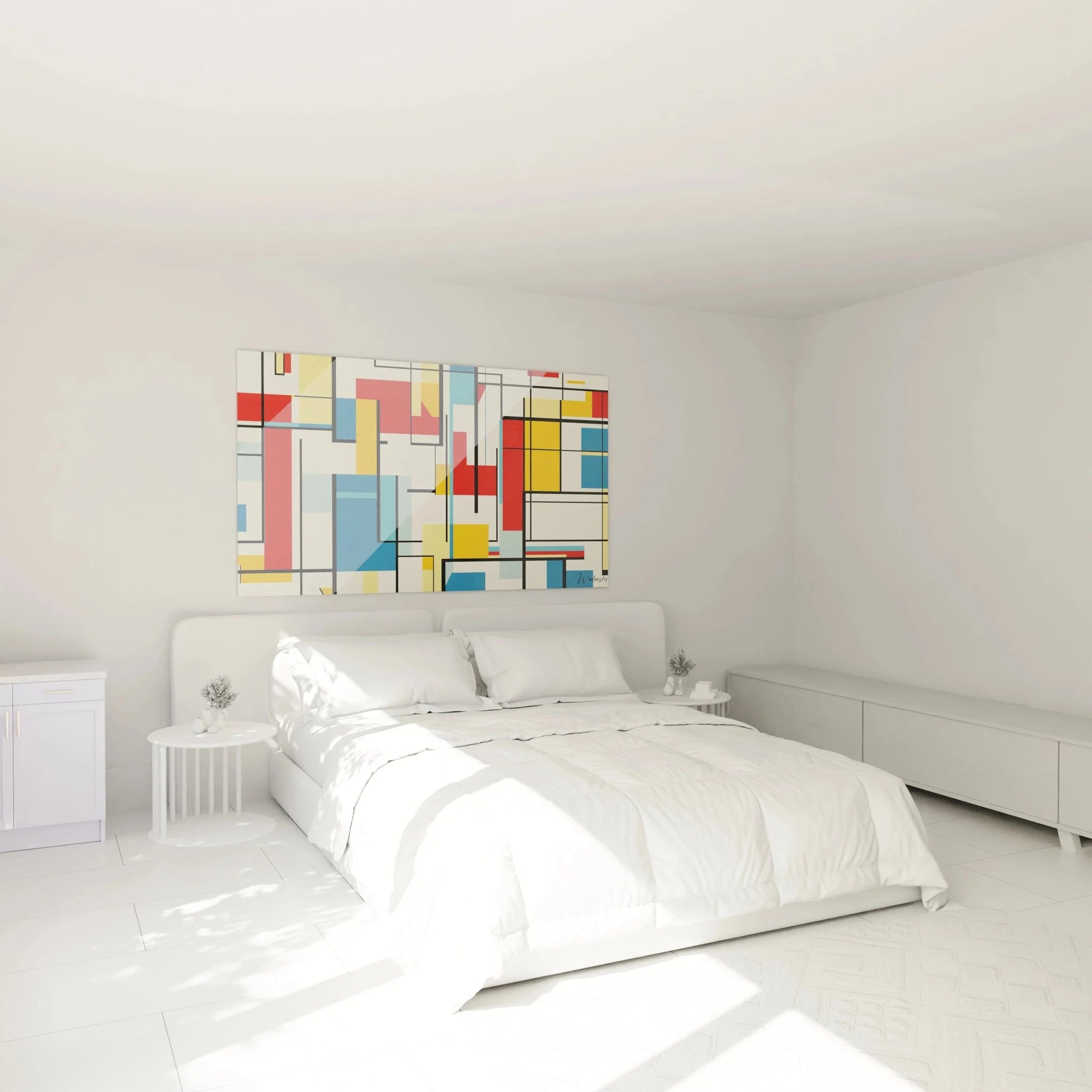 Geometrisches Wandbild im Schlafzimmer Mondrian Stil abstrakte Kunst Wanddekoration moderne Einrichtung