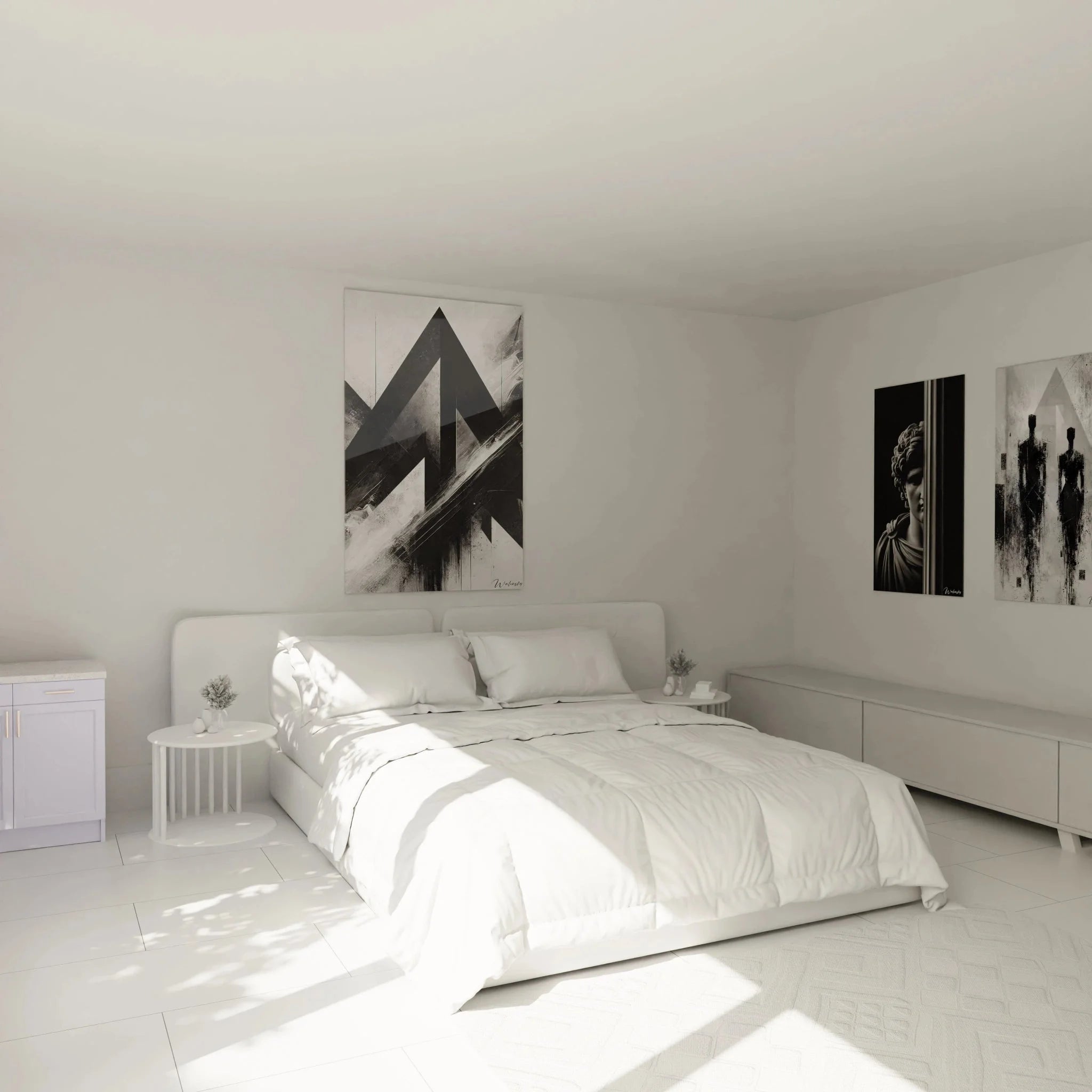 Geometrisches abstraktes Wandbild in schwarz-weiß als Schlafzimmer Wanddekoration