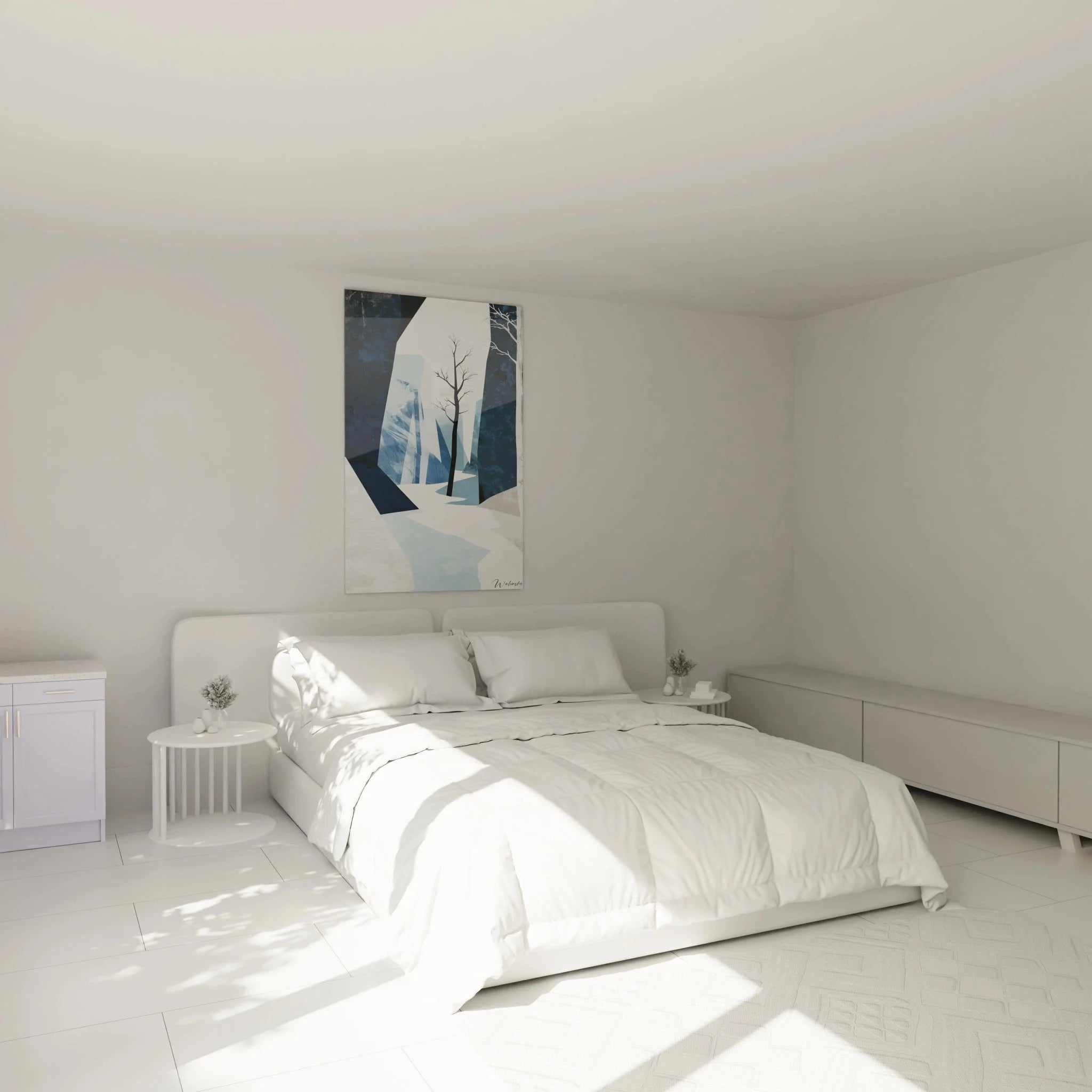 Geometrisches Winterlandschaft Wandbild in modernem Schlafzimmer mit blauen Akzenten