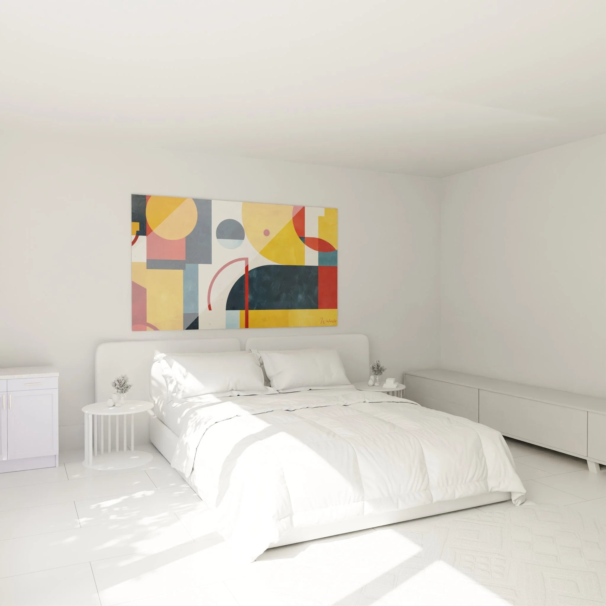 Geometrisches Wandbild XXL im Schlafzimmer - Abstrakte Kunst als stilvolle Wanddekoration