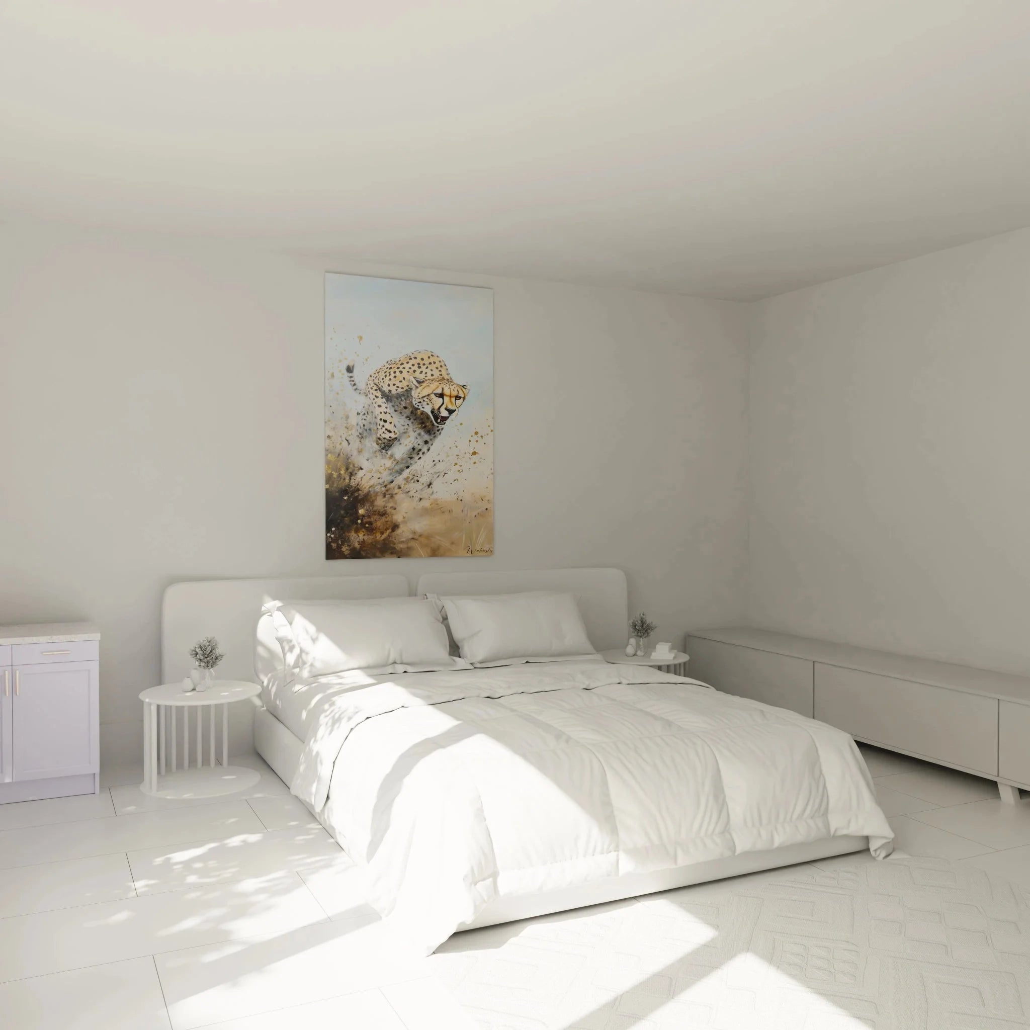 Gepard Wandbild im Schlafzimmer - moderne Wanddekoration mit springendem Gepard