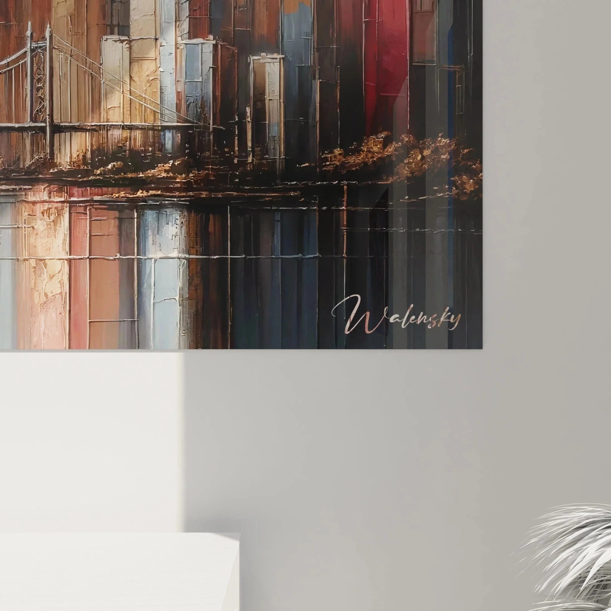 Gesamtansicht kubistisches Stadtpanorama Wandbild mit Spiegelung im Wasser und Hängebrücke