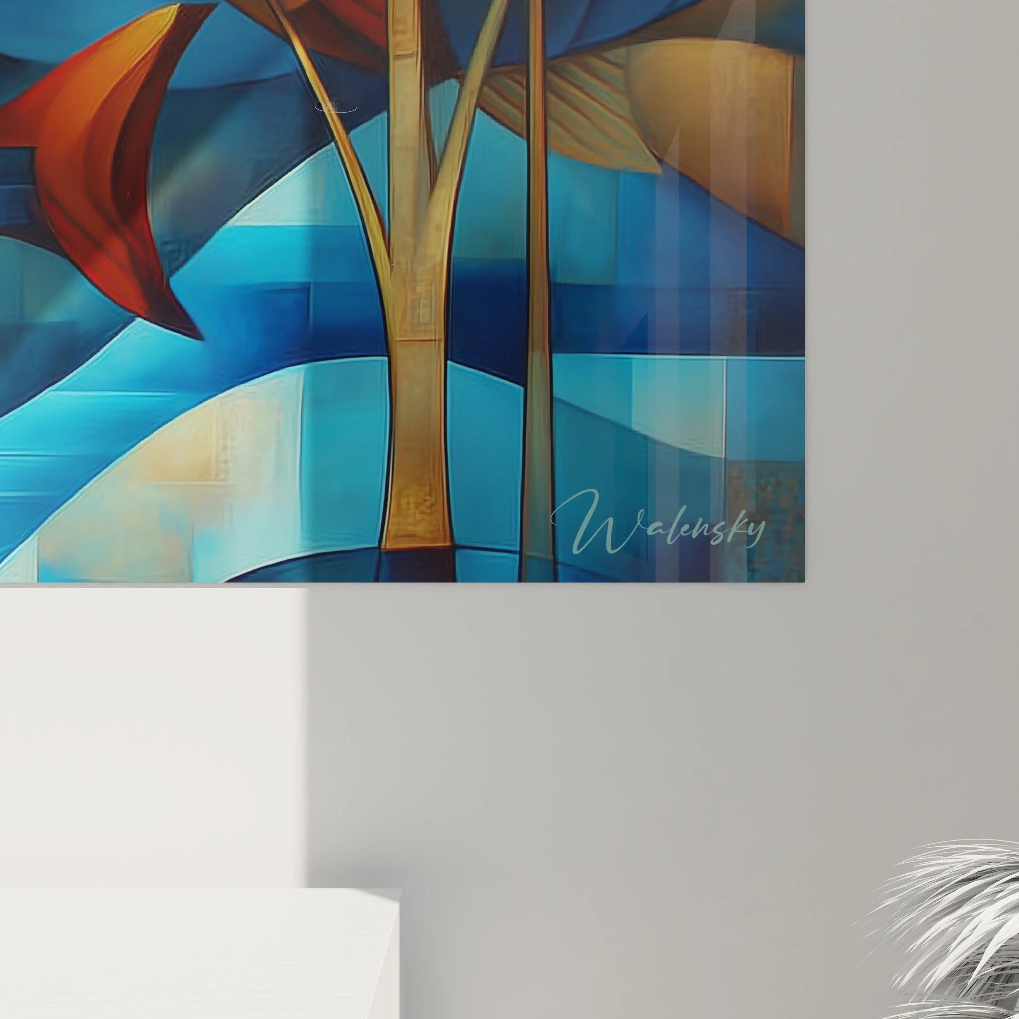 Gesamtansicht Wandbild geometrische Fische mit abstrakten Wasserpflanzen und kristallinen Strukturen