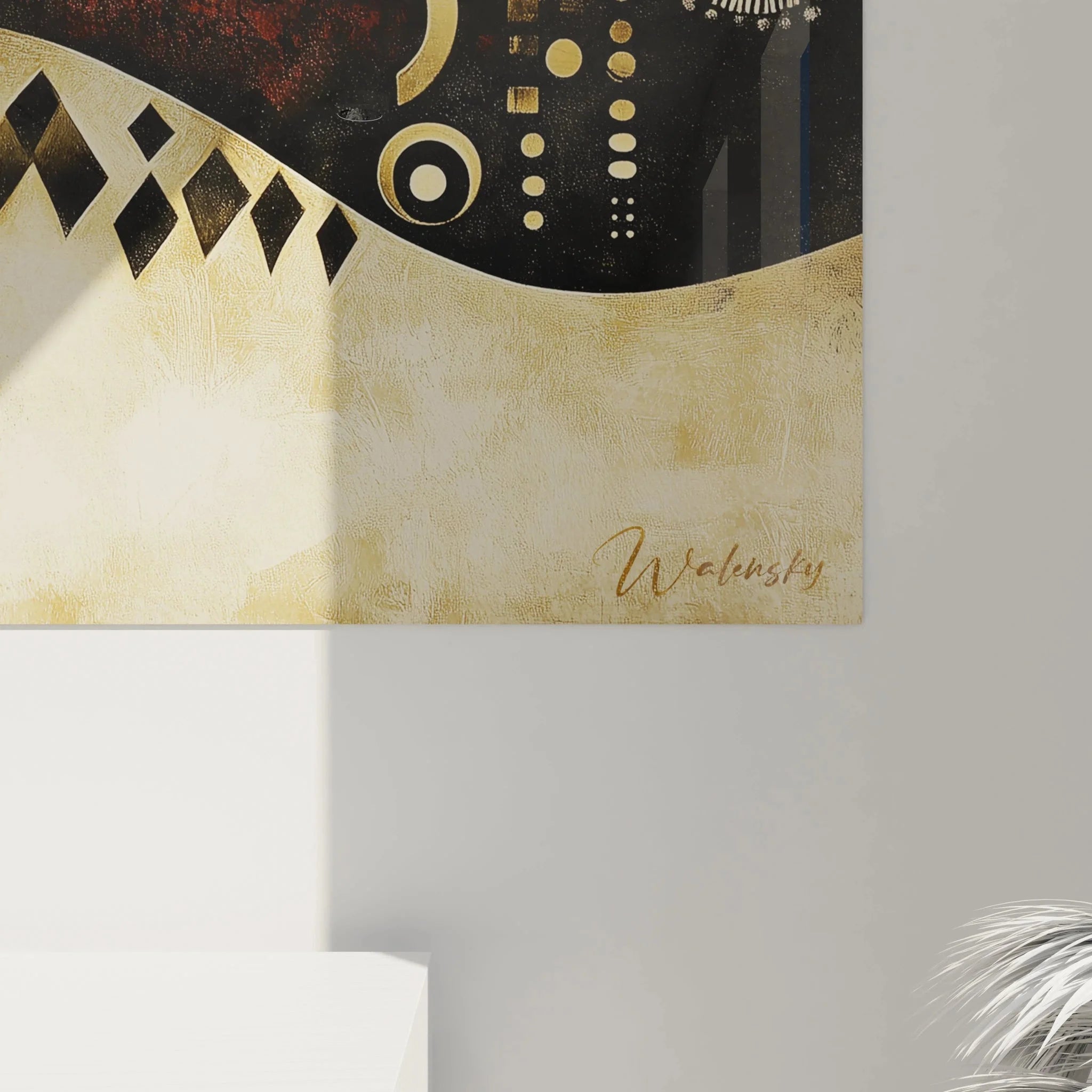 Gesamtansicht abstrakte Afrika Wandkunst mit geometrischen Formen und erdigen Farbtönen