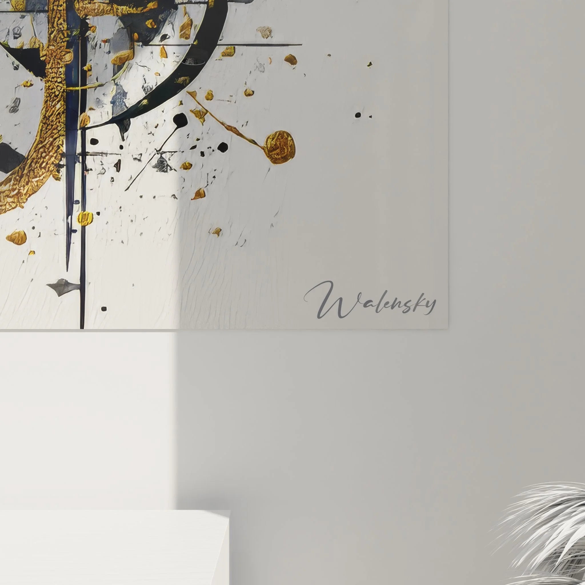 Gesamtansicht des abstrakten Wandbildes mit dynamischer Gold-Schwarz Komposition