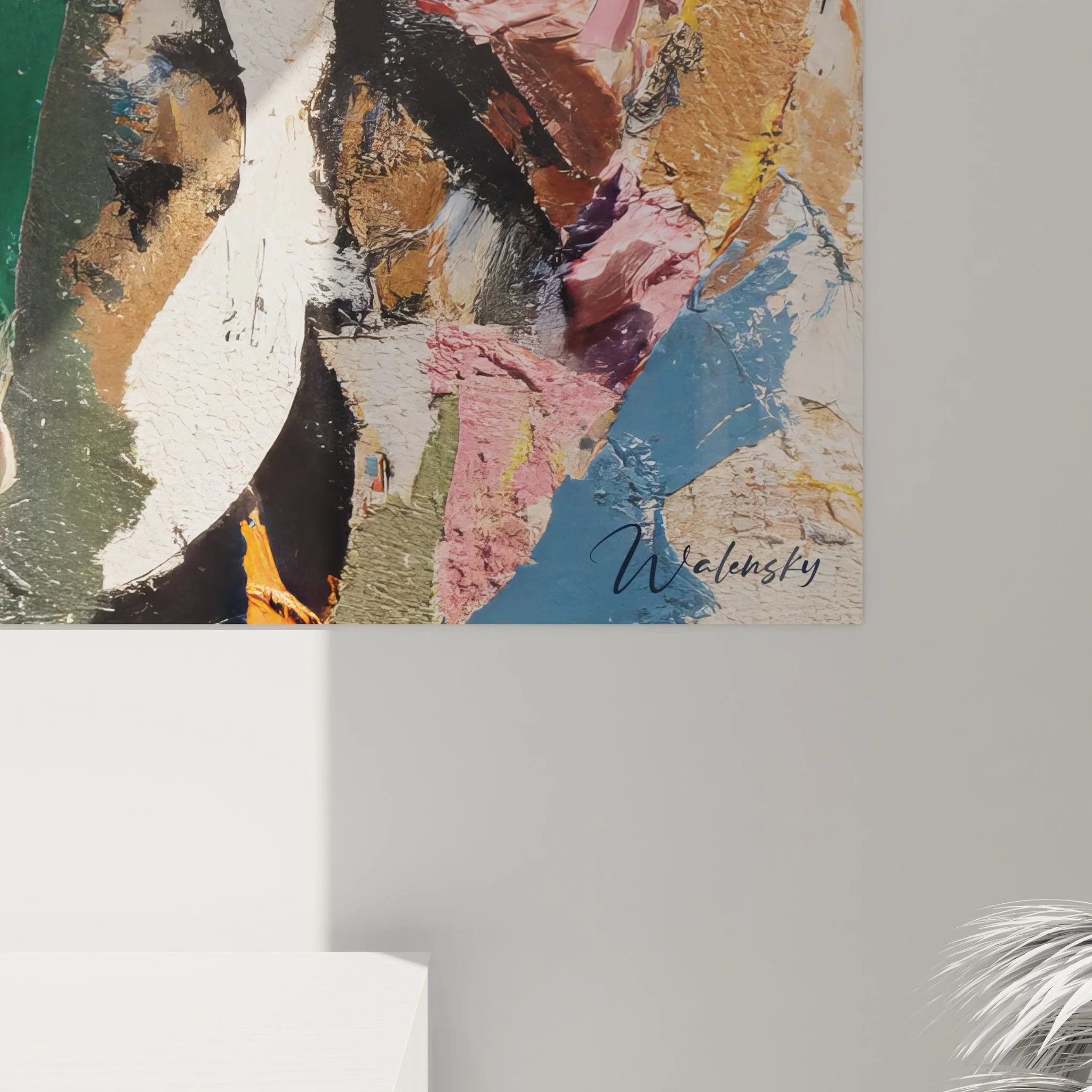 Gesamtansicht abstraktes Wandbild Farbkomposition, moderne Wandkunst in Malerei-Optik Raumdarstellung