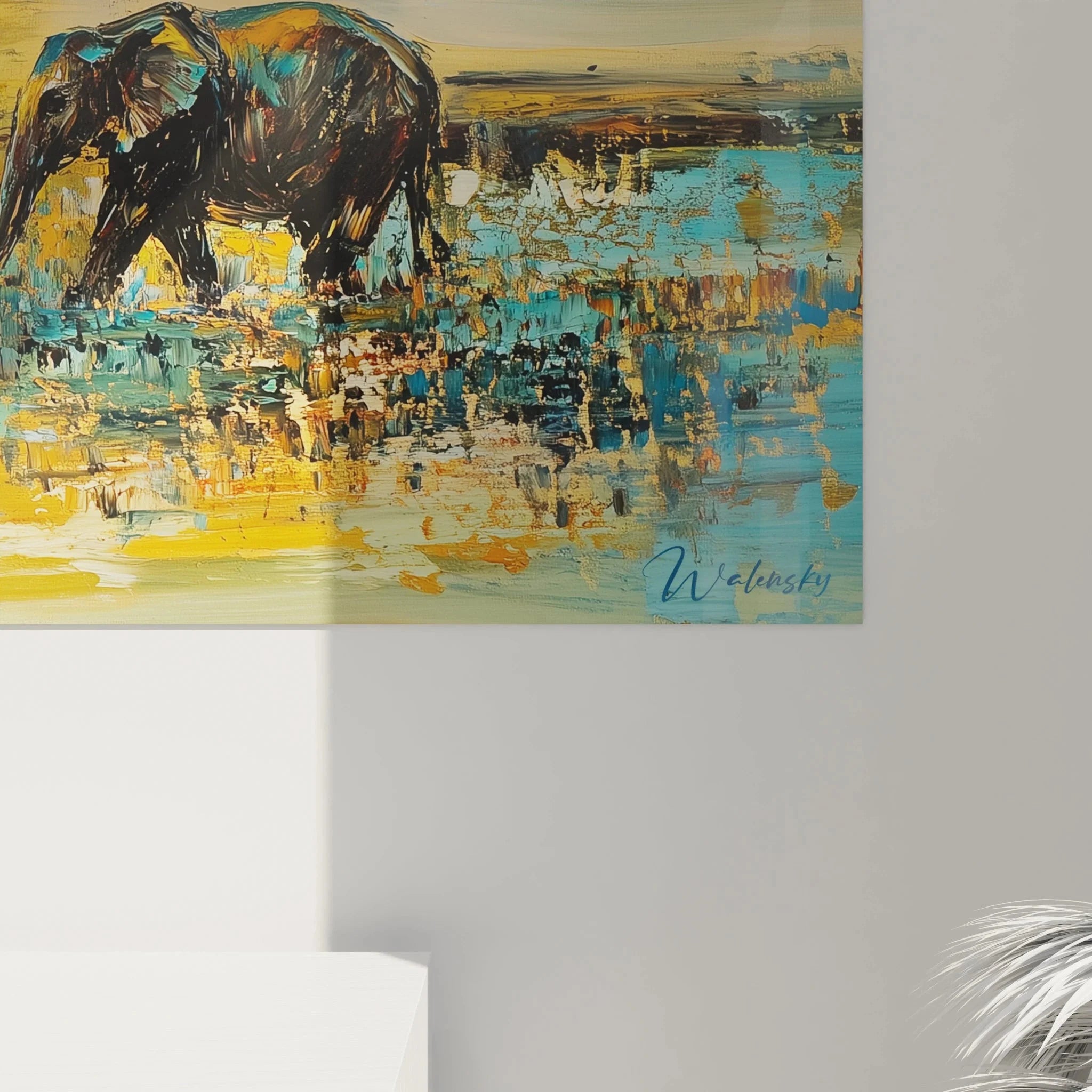 Gesamtansicht Afrika Wandbild Elefanten Sonnenuntergang, horizontales Format mit Savanne Landschaft