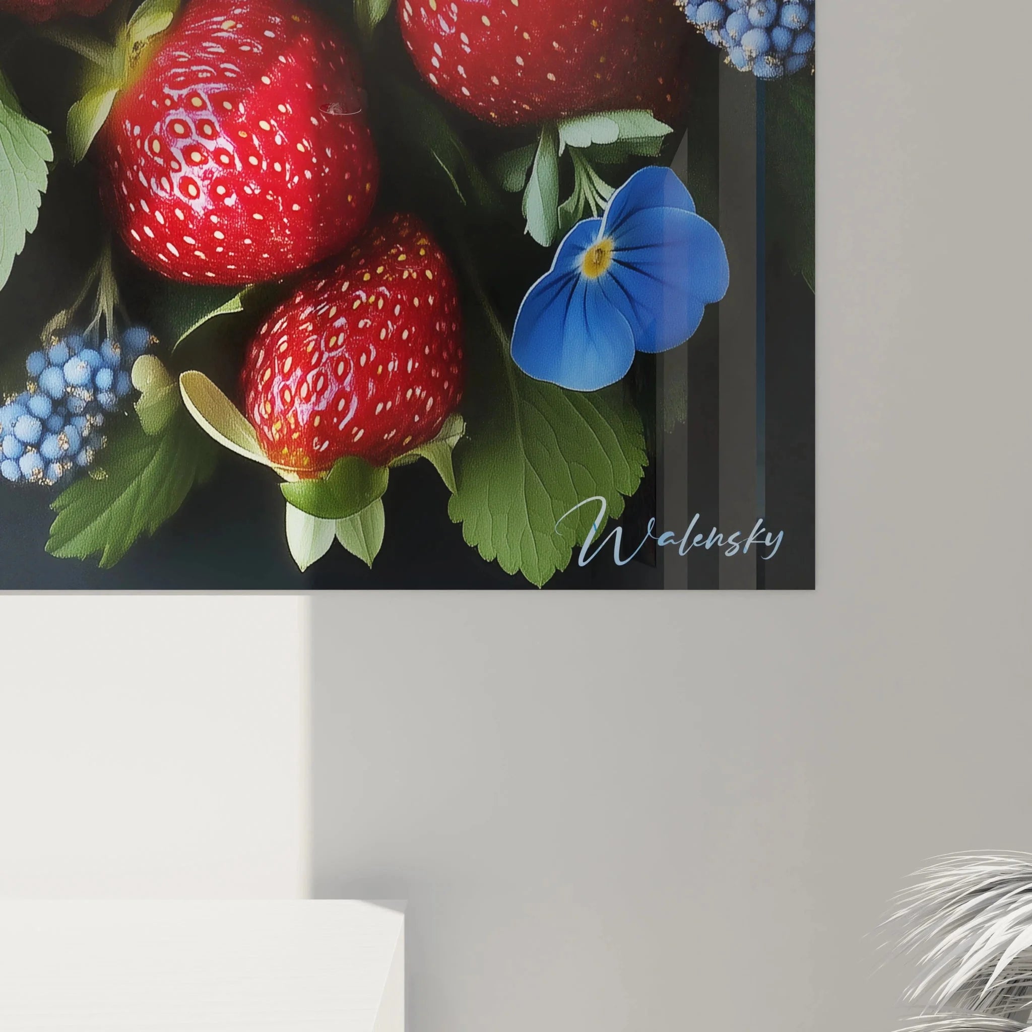 Gesamtansicht Wandbild Beerenmischung - Erdbeeren Blaubeeren Himbeeren als Küchenkunst