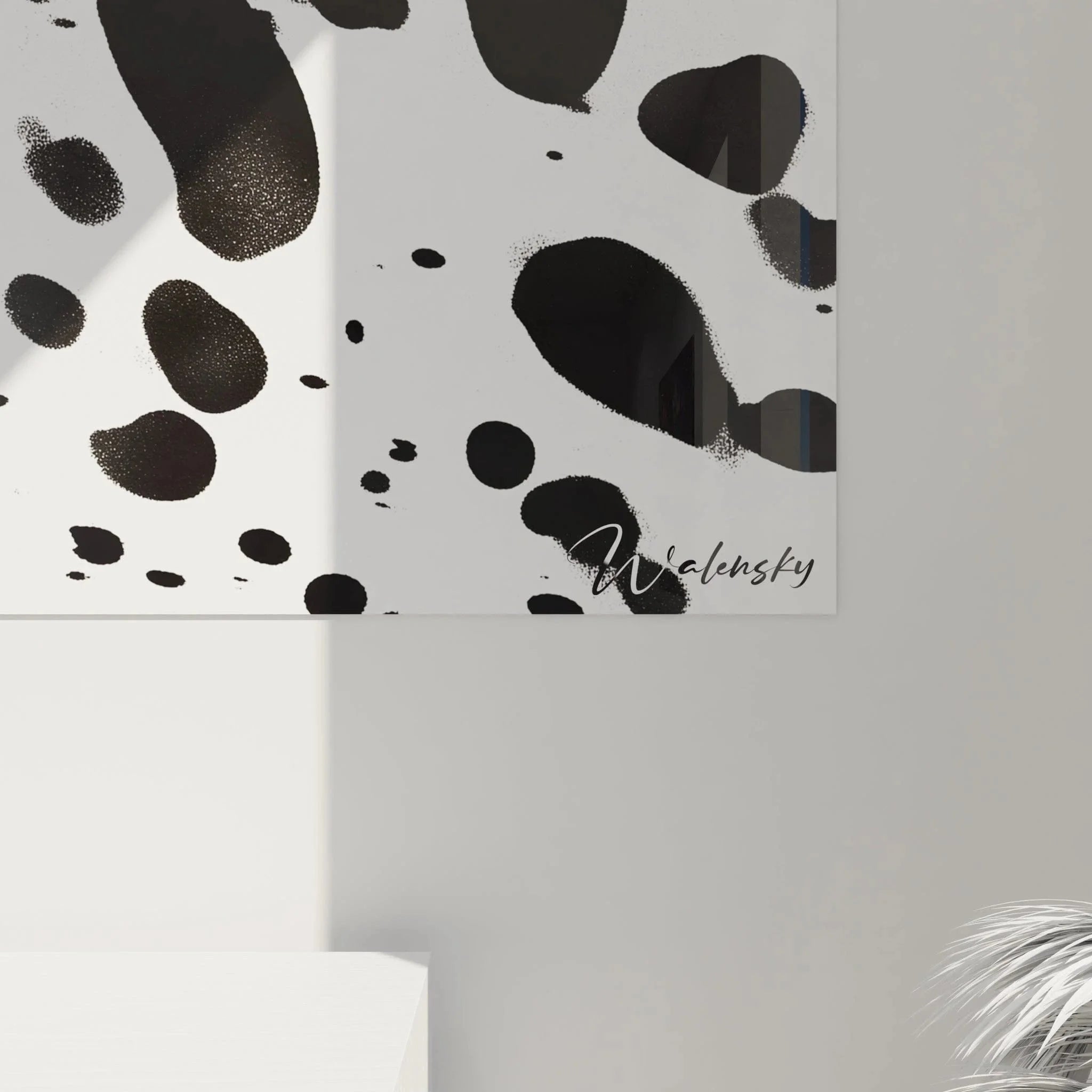 Gesamtansicht Wandbild Dalmatiner Flecken Muster abstrakte schwarz weiße Wanddekoration Kunst