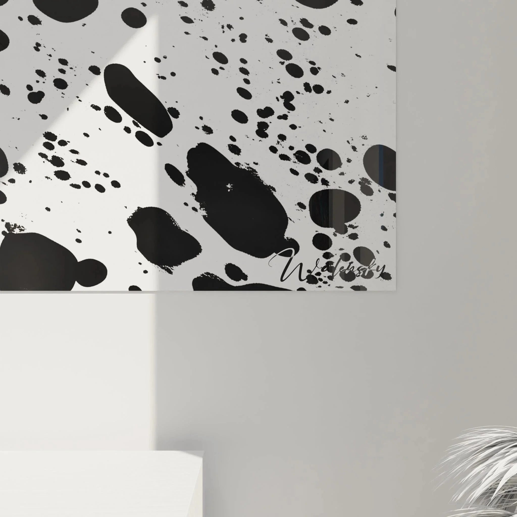 Gesamtansicht Wandbild Dalmatiner Optik abstrakte Flecken Komposition schwarz-weiß Kunst