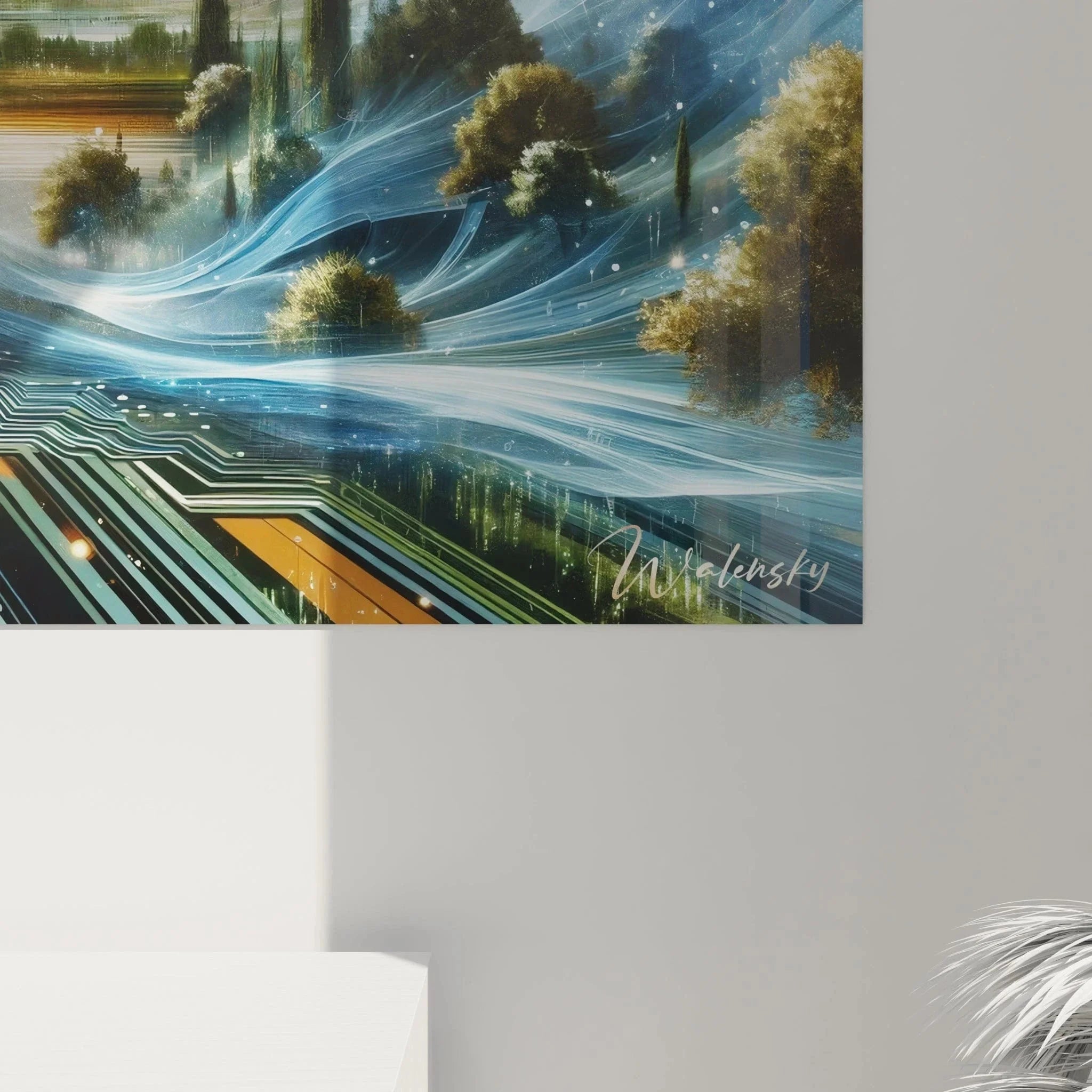 Gesamtansicht futuristisches Wandbild - technologische Landschaft mit digitalen Elementen XXL Format