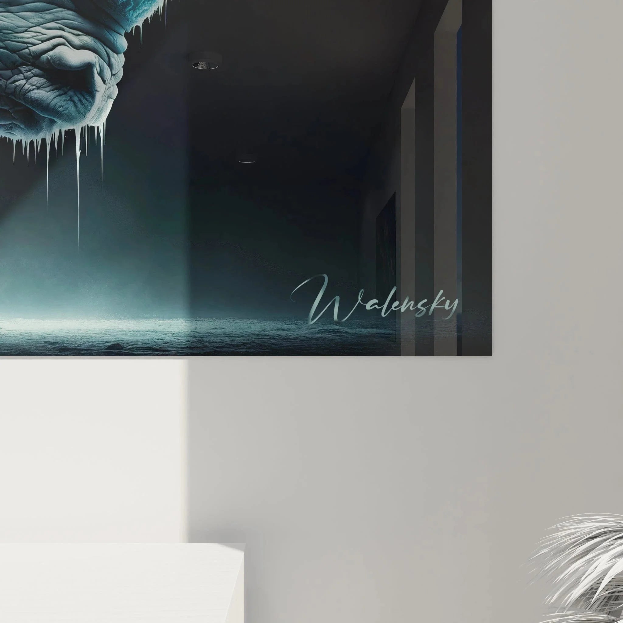 Gesamtansicht gefrorenes Nashorn Wandbild XXL mit eisiger Atmosphäre und türkisen Akzenten