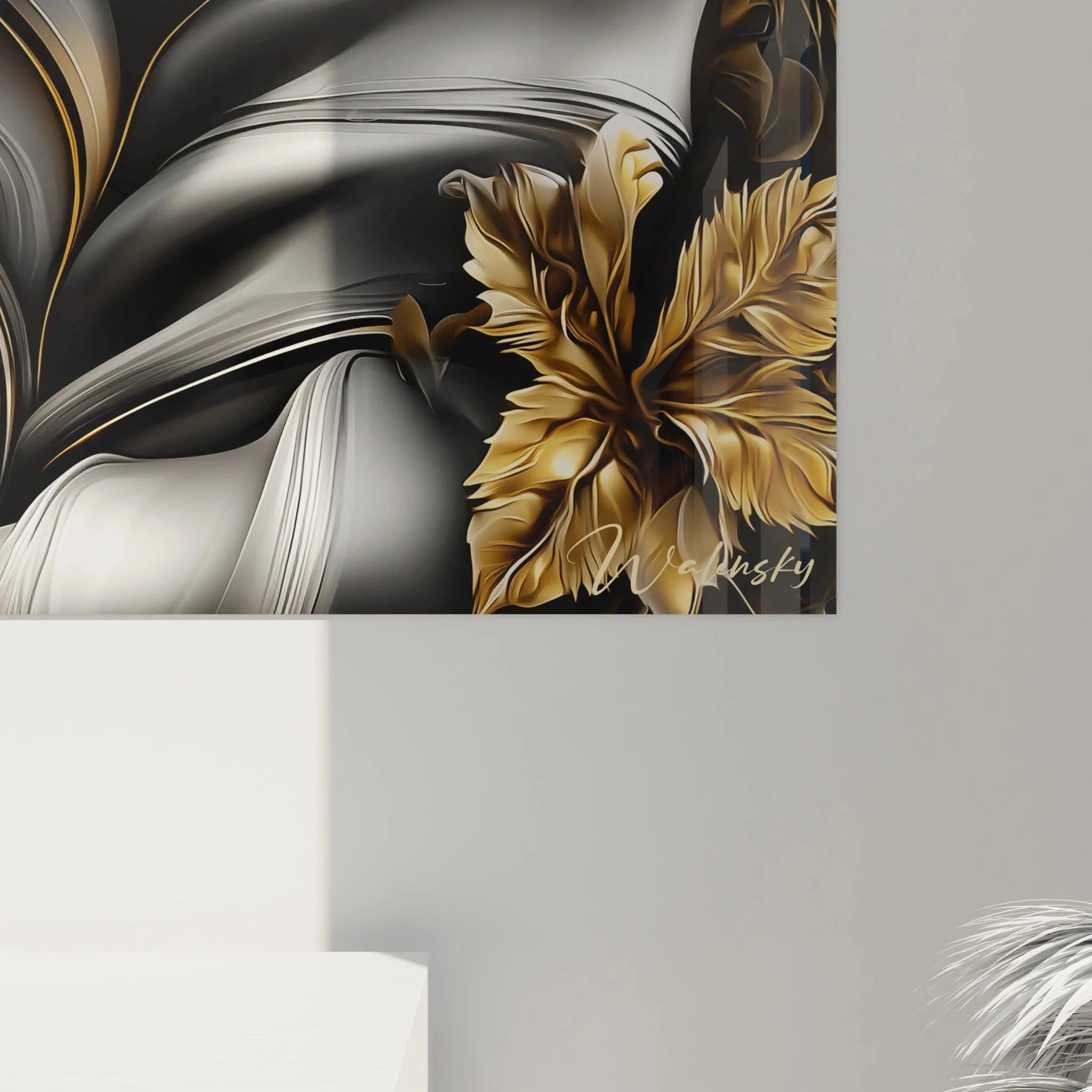 Gesamtansicht Wandbild mystische Halloween Frau goldener Hut schwarzer Hintergrund elegante Raumdekoration