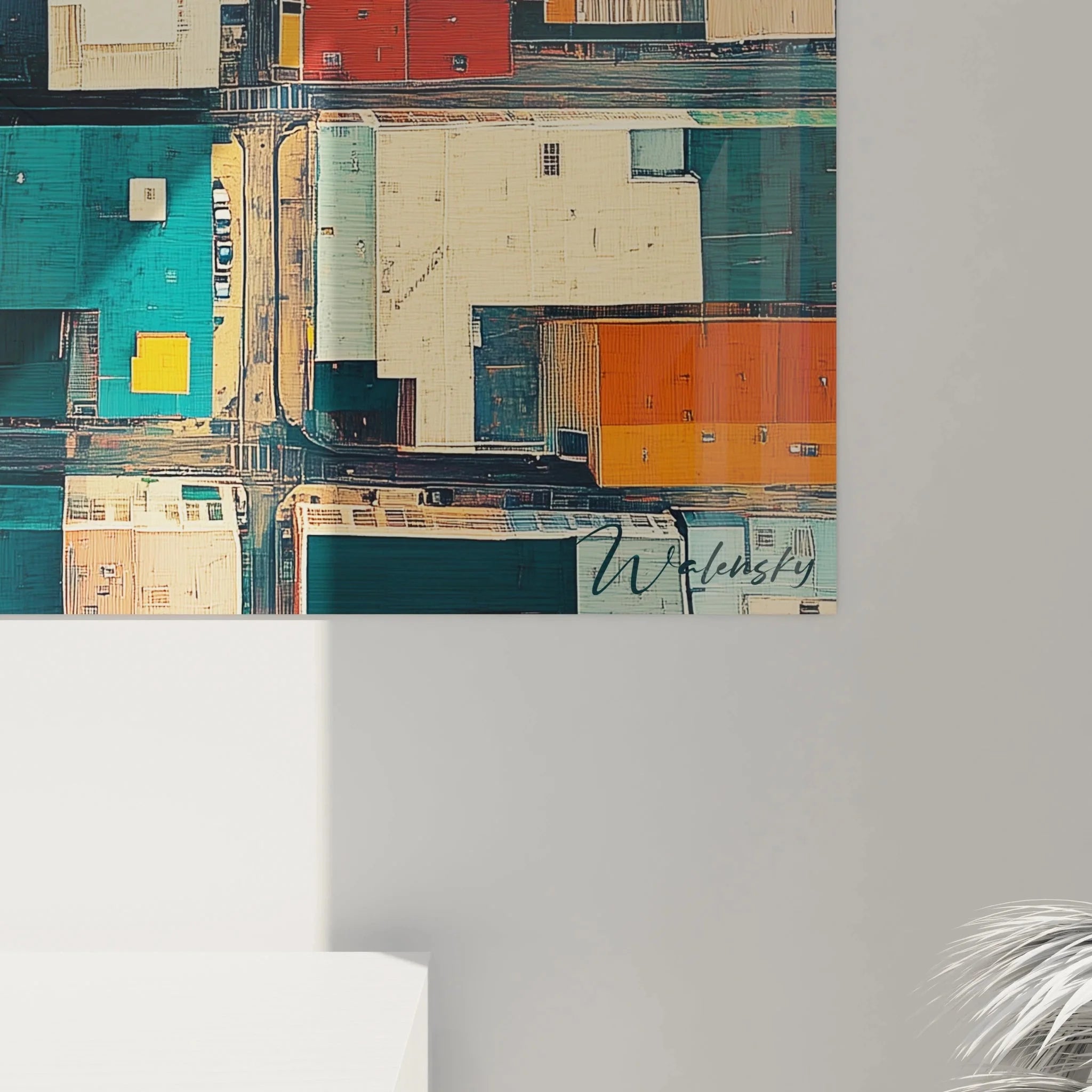 Gesamtansicht Wandbild kubistische Stadtarchitektur - moderne Vogelperspektive mit fragmentierten Gebäudestrukturen