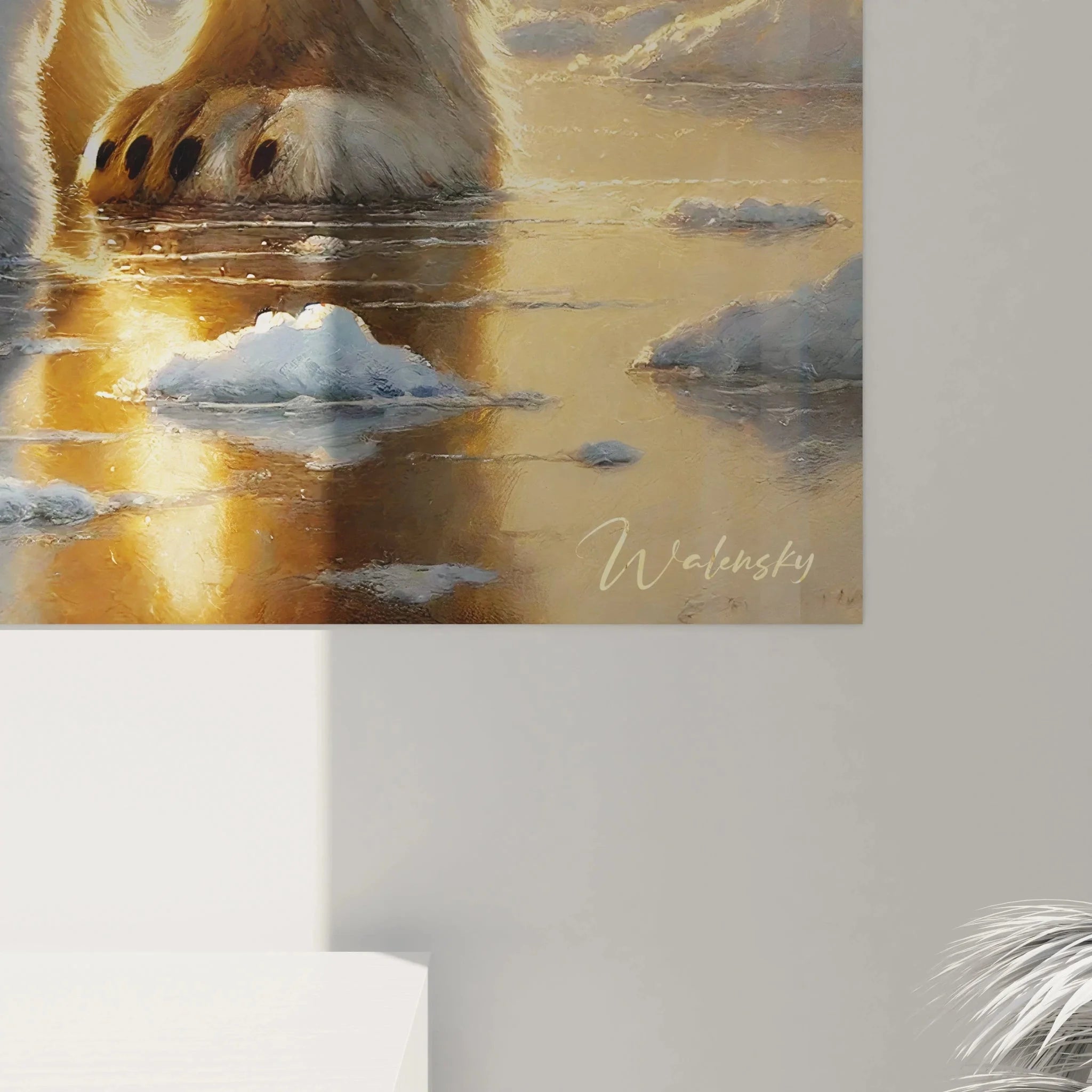 Gesamtansicht Leinwandbild Eisbären Familie Arktis, goldene Lichtstimmung Wandkunst Premium Format