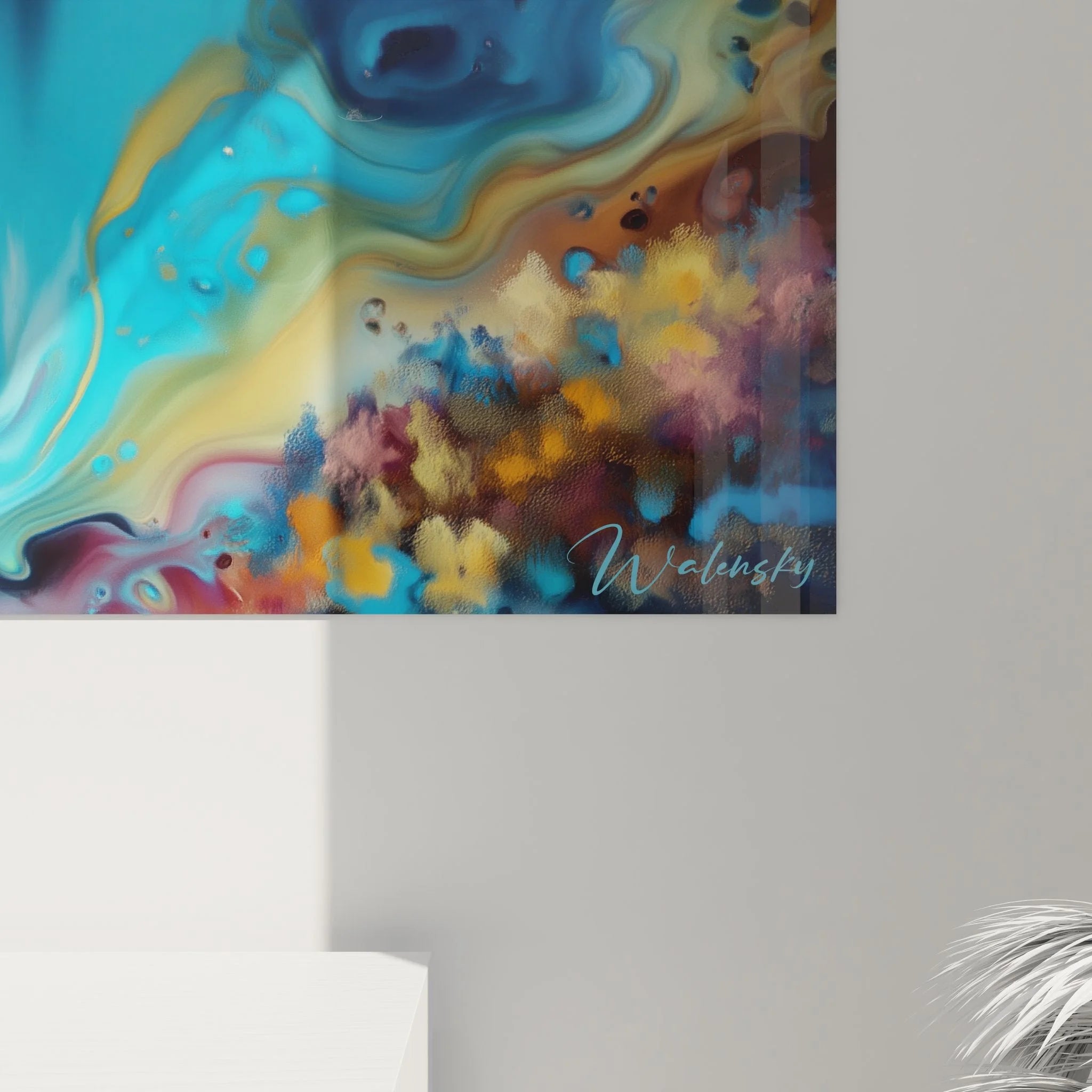 Gesamtansicht Leinwandbild Märchenschloss Seelandschaft mit surrealer Farbkomposition in Blau und Gold