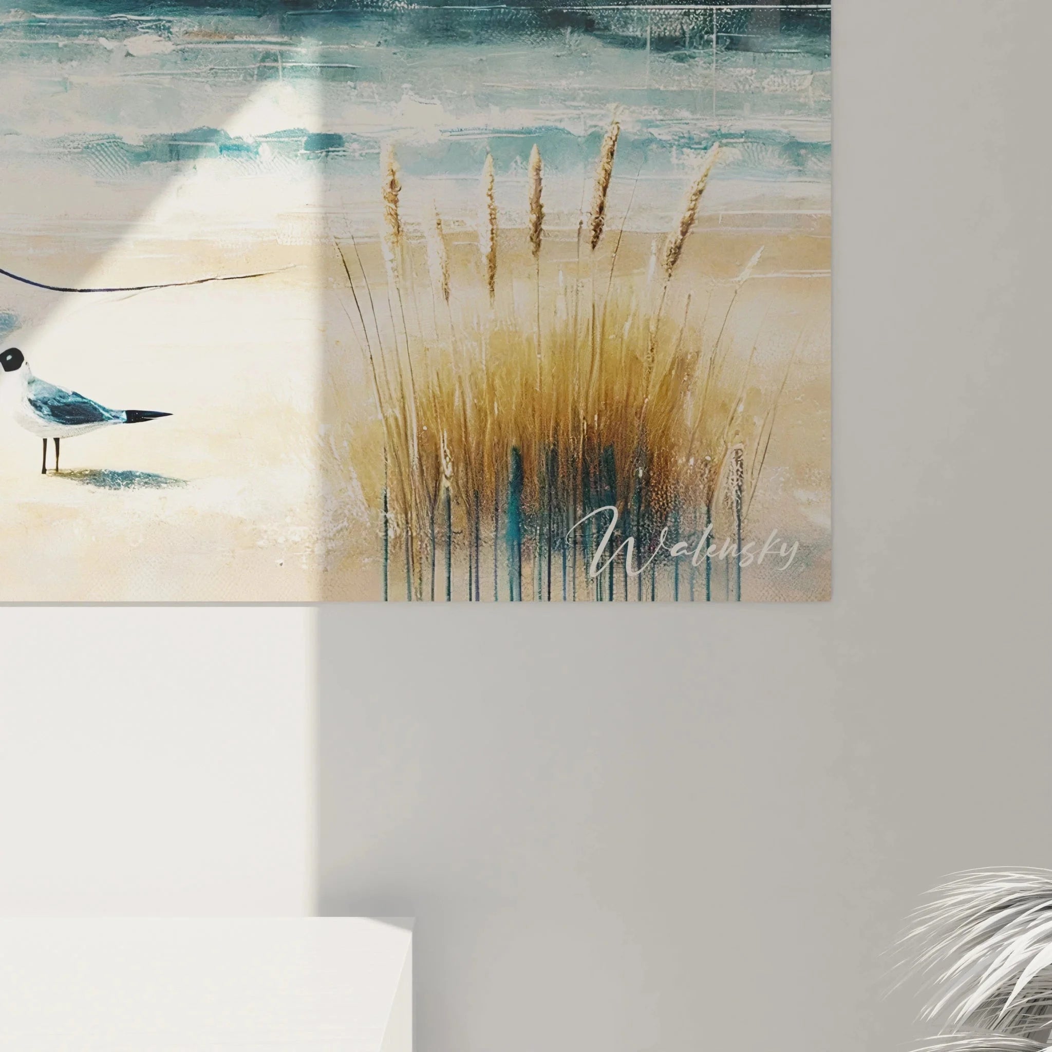 Gesamtansicht Wandbild maritime Küstenlandschaft - Fischerboot am Strand mit Ozean und Wolkenhimmel