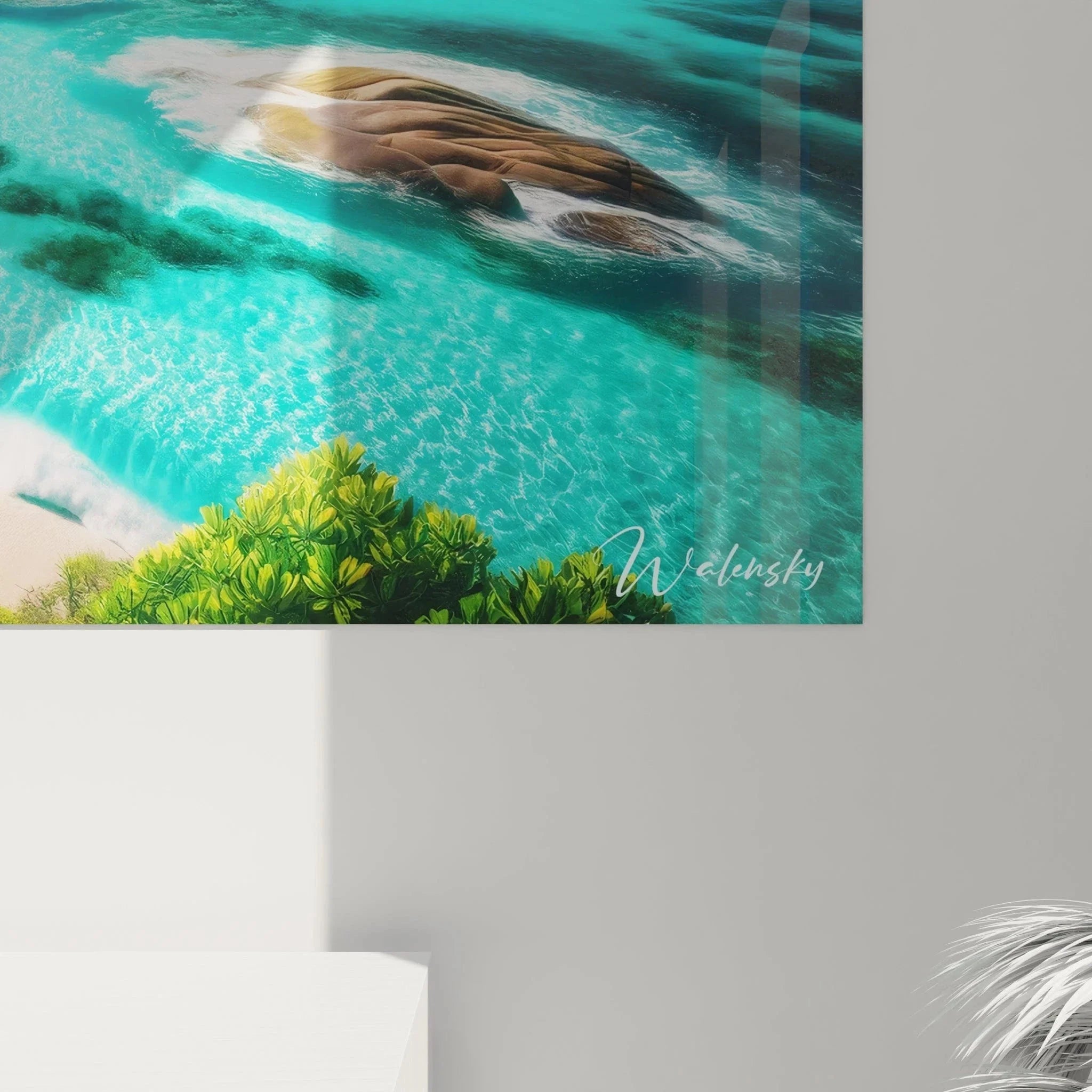 Gesamtansicht Wandbild Meeresparadies - tropische Strandlandschaft mit Palmen als Raumdeko