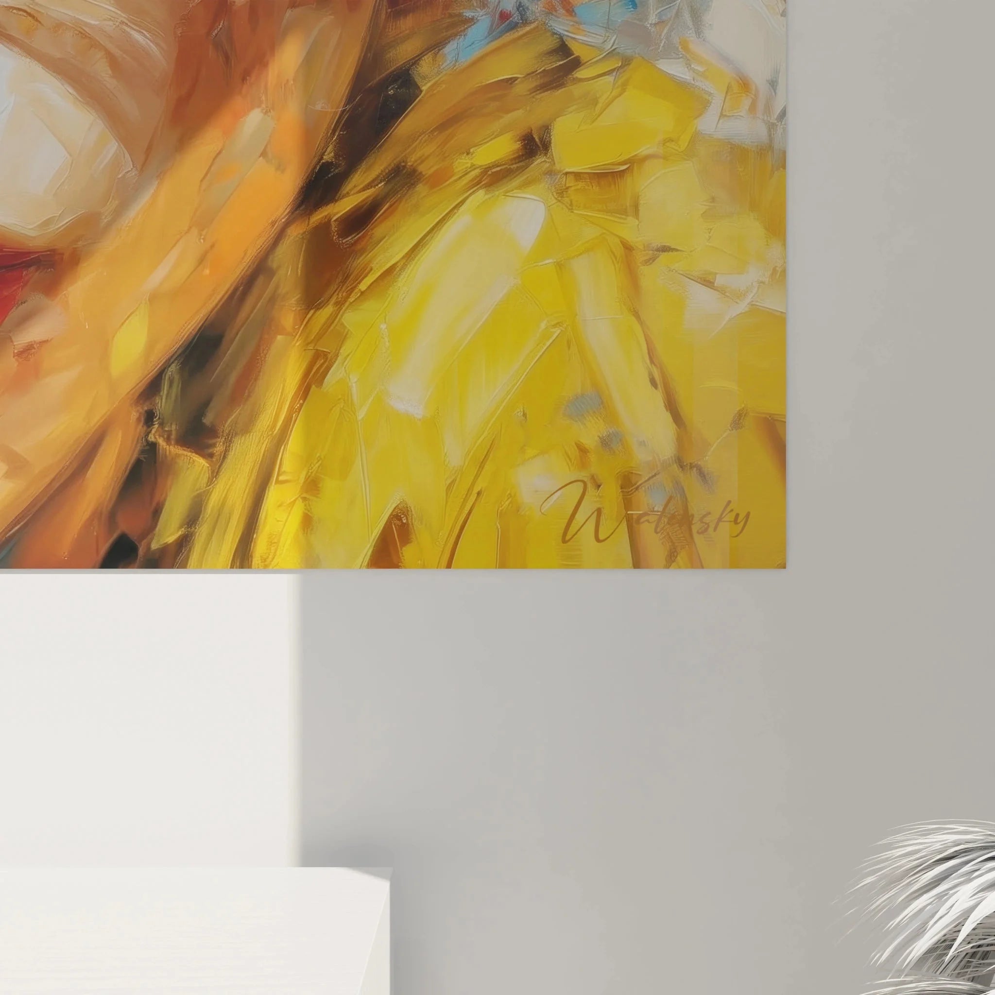 Gesamtansicht Mode Accessoires Wandbild, stilvolles Frauenportrait mit gelber Sonnenbrille komplett