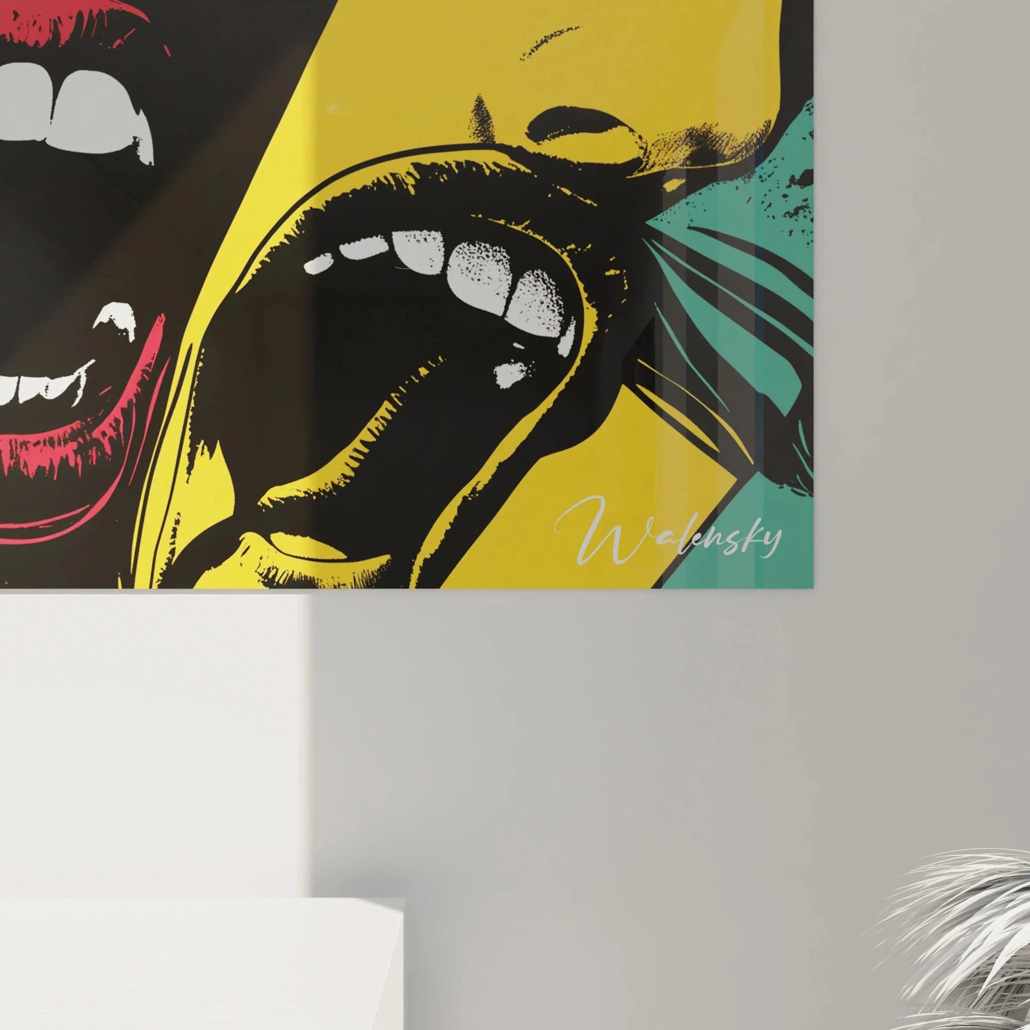 Gesamtansicht moderne Pop Art Wandkunst mit mehreren bunten Gesichtsporträts Edition Goya