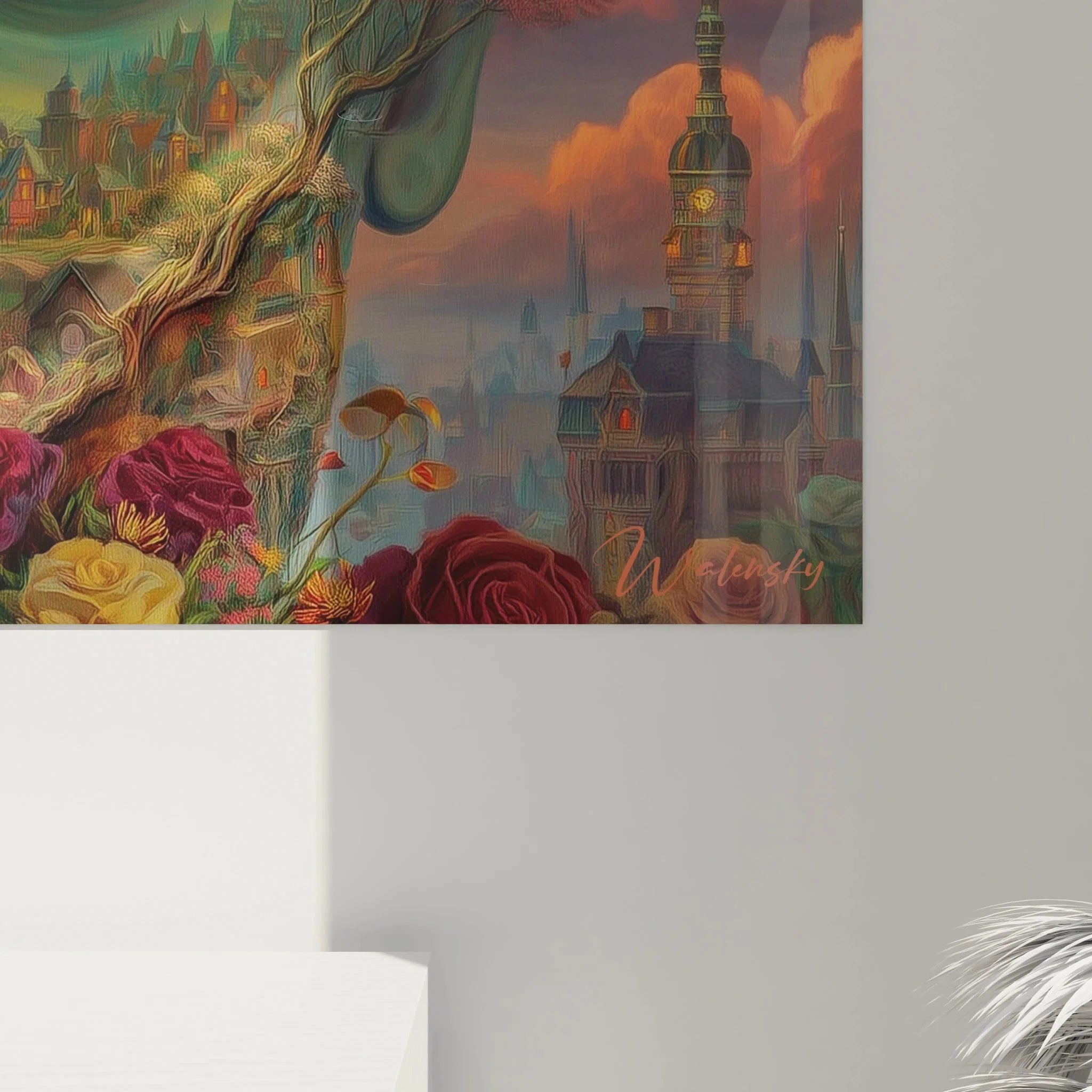 Gesamtansicht mystisches Wandbild XXL, surreales Gesicht mit Naturlandschaft, gotische Architektur, Mondsicheln