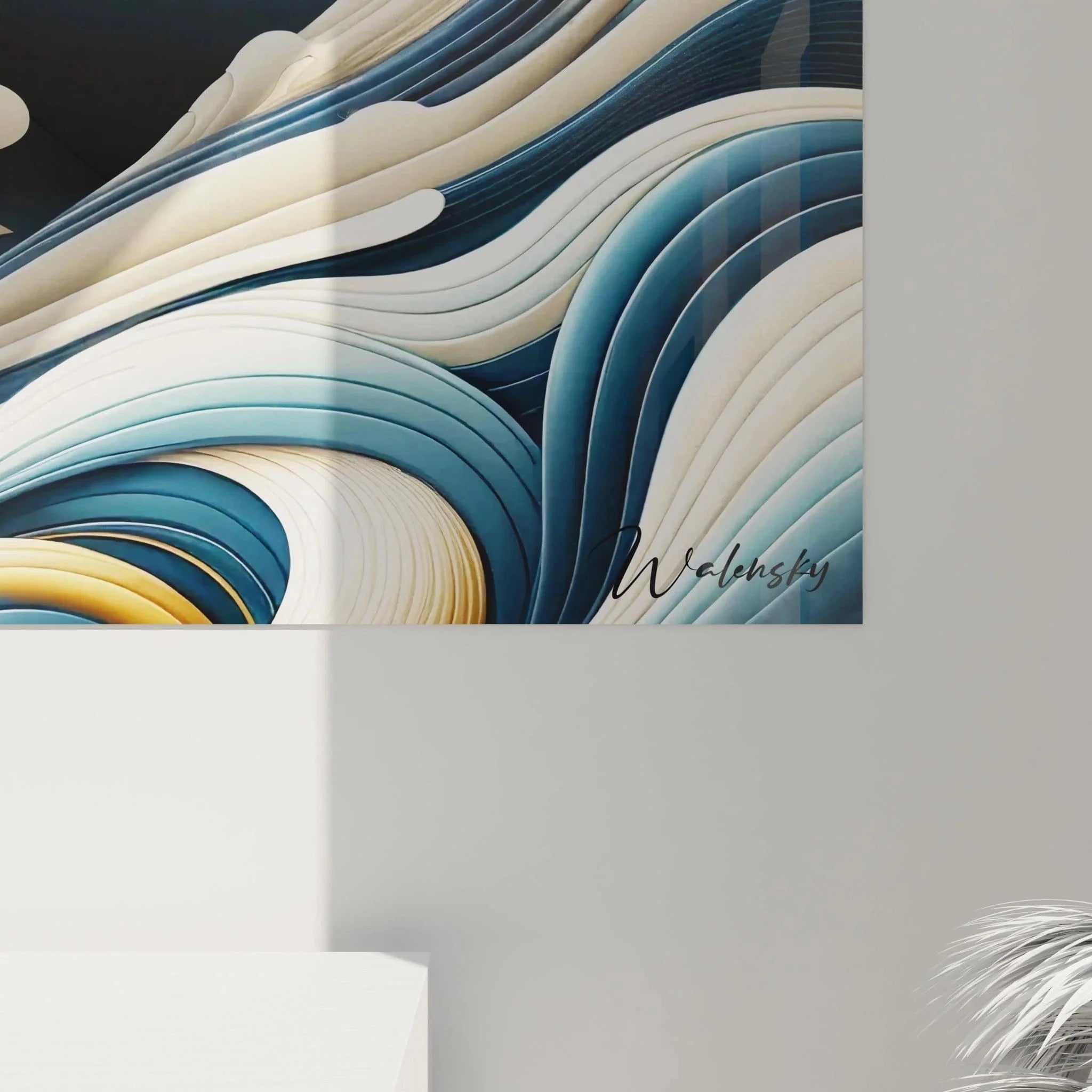 Gesamtansicht maritime Wandkunst Orca, dynamische Komposition mit spiralförmigen Wasserbewegungen