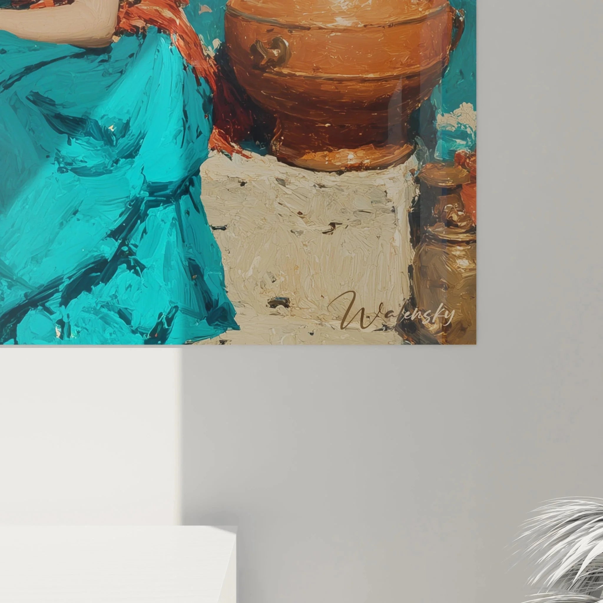 Gesamtansicht Wandbild orientalische Begegnung - authentische Darstellung mit türkiser Wand und Tonkrügen