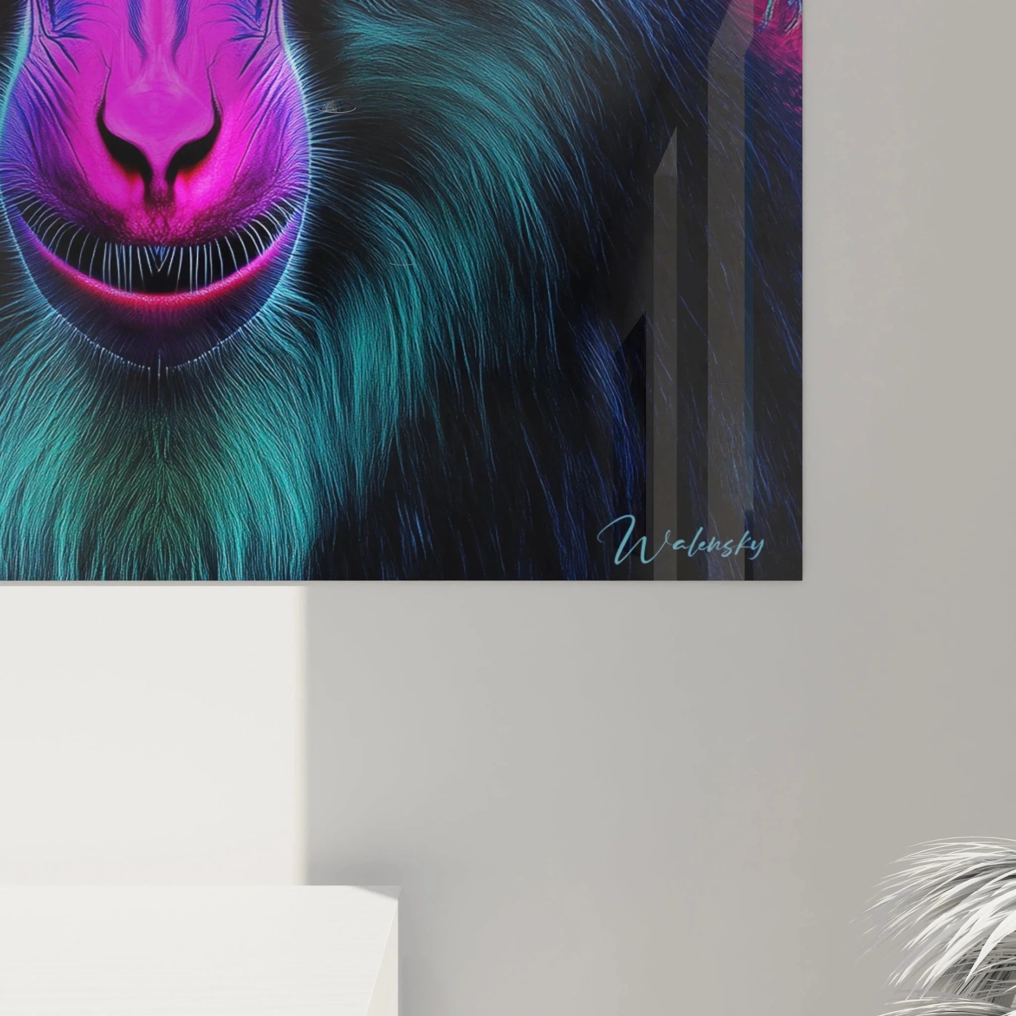 Gesamtansicht des modernen Pavian Wandbildes in psychedelischem Kunststil mit Neon-Farbpalette