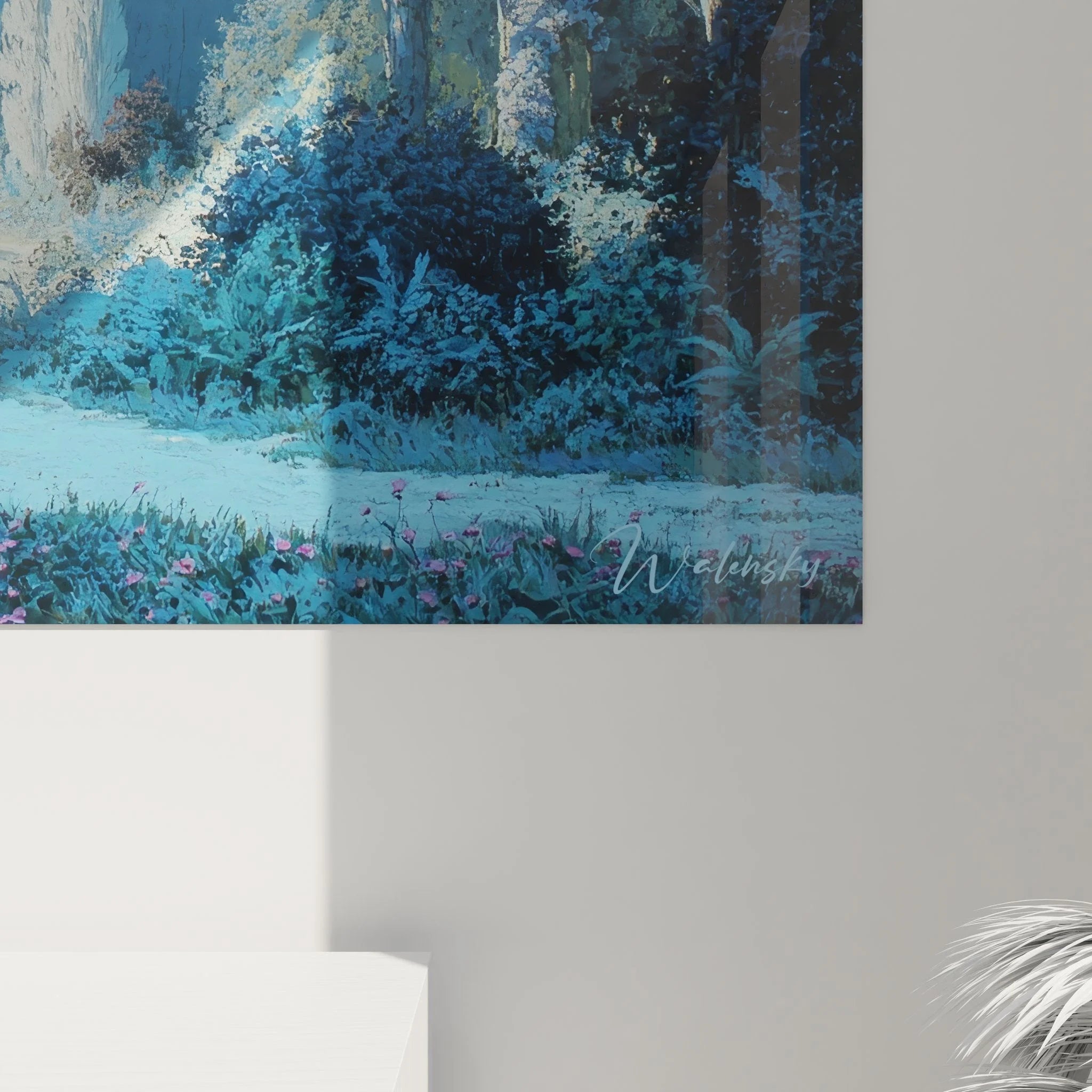 Gesamtansicht Premium Wandbild Waldlandschaft, idyllische Seenlandschaft im nächtlichen Mondschein als Wanddekoration