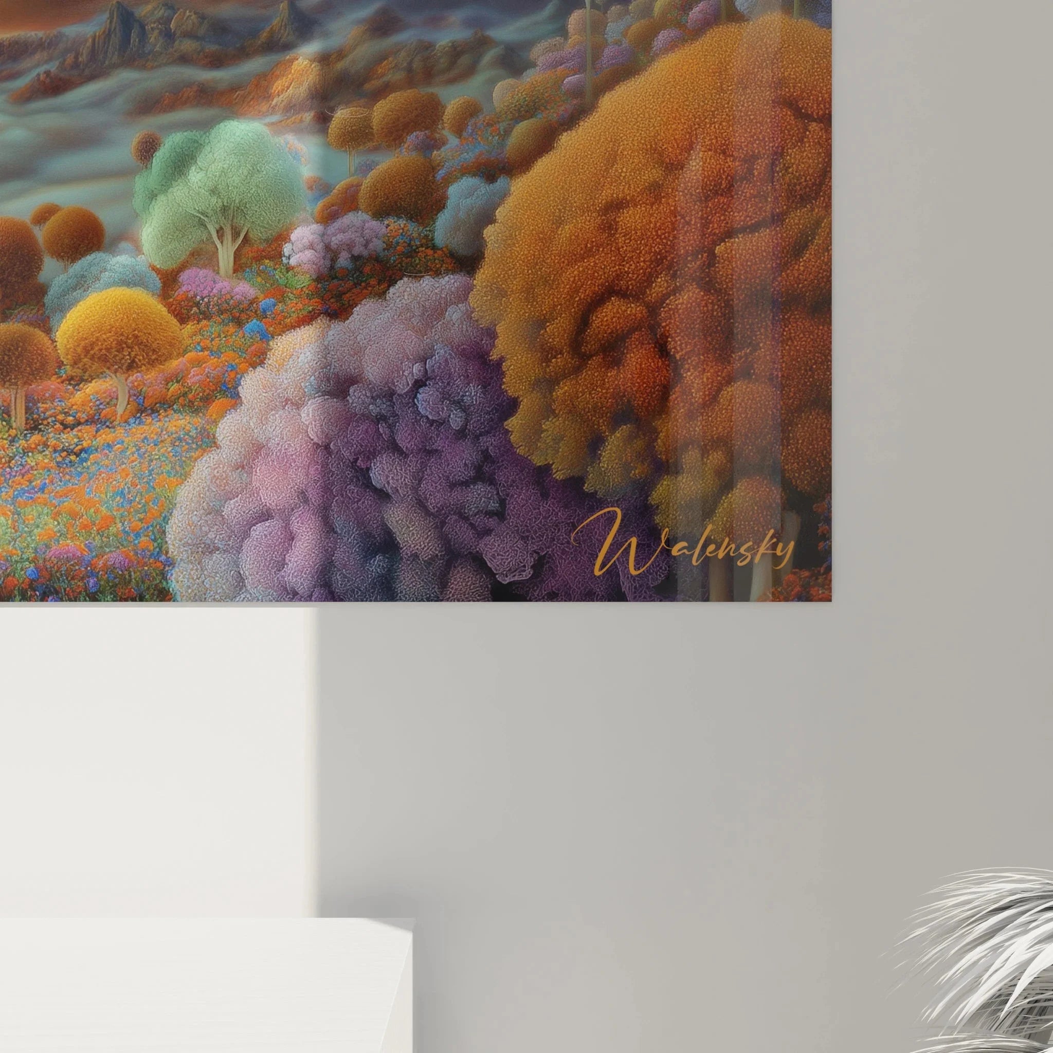 Gesamtansicht des surrealen Wandbildes mit Traumlandschaft und psychedelischen Pilzen in Wohnambiente